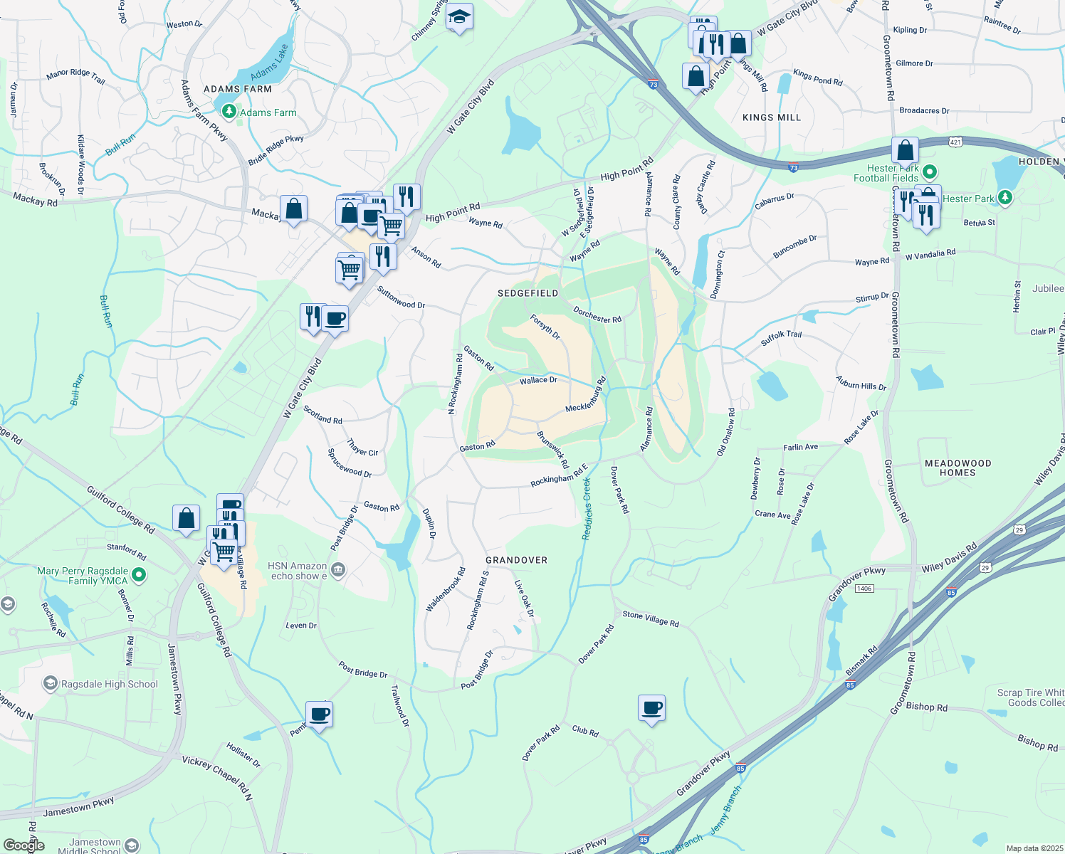 map of restaurants, bars, coffee shops, grocery stores, and more near 3400 Brunswick Rd in Greensboro