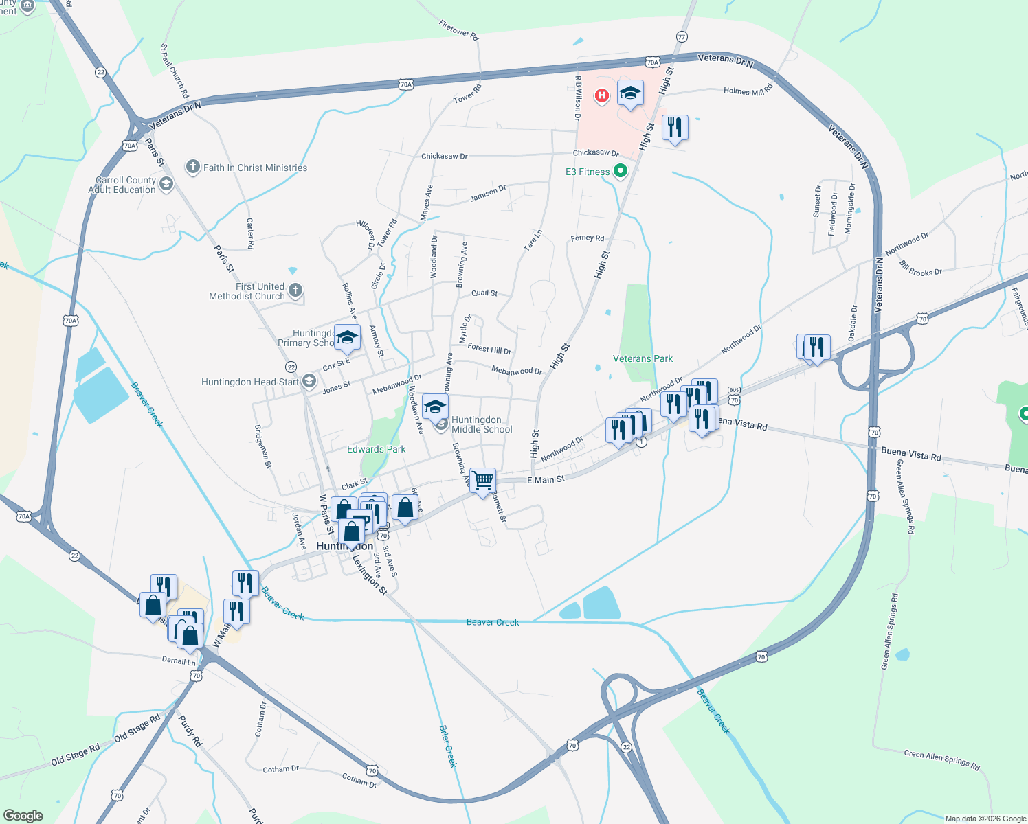 map of restaurants, bars, coffee shops, grocery stores, and more near 218 Spring Street in Huntingdon