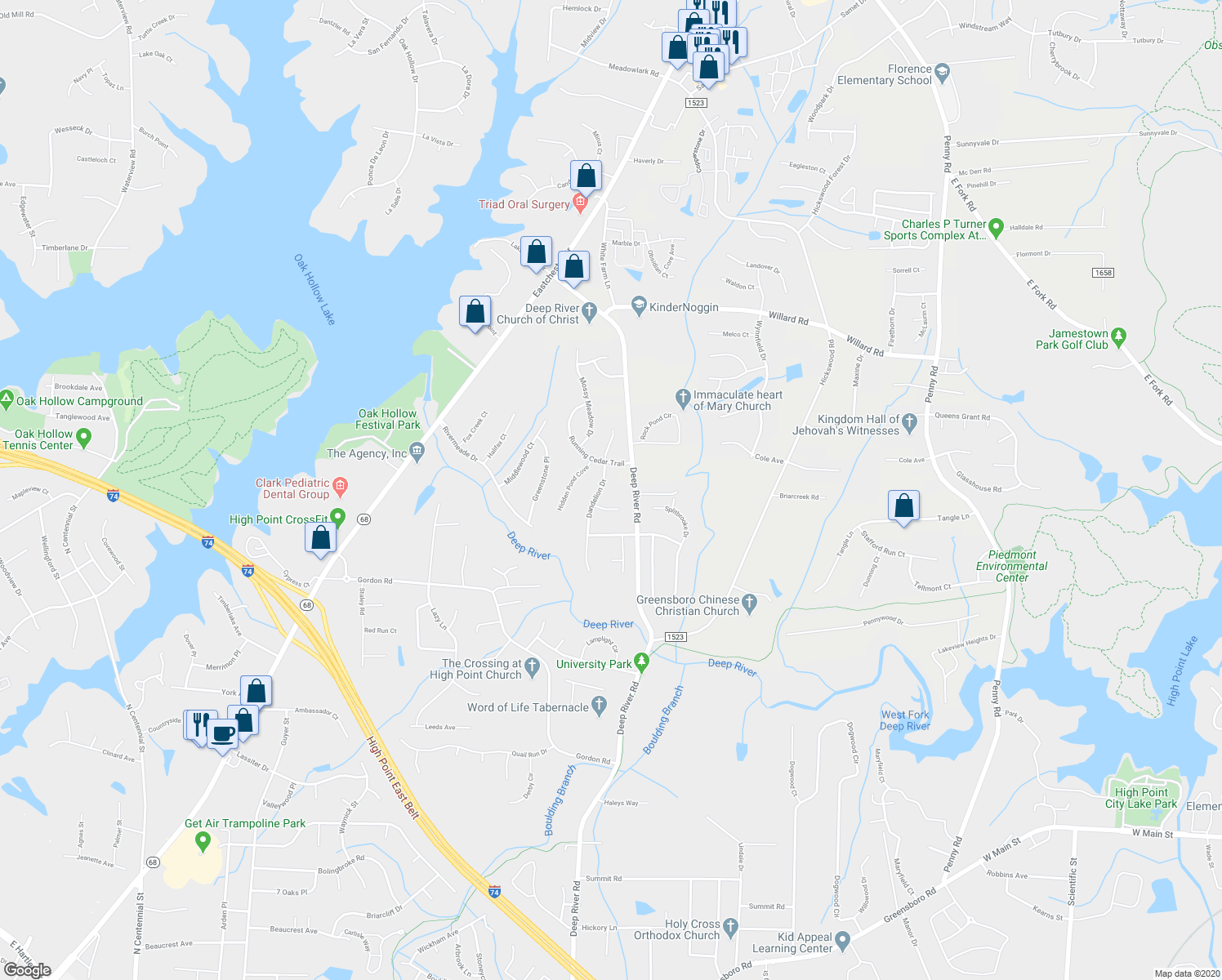 map of restaurants, bars, coffee shops, grocery stores, and more near 2682 Dandelion Drive in High Point