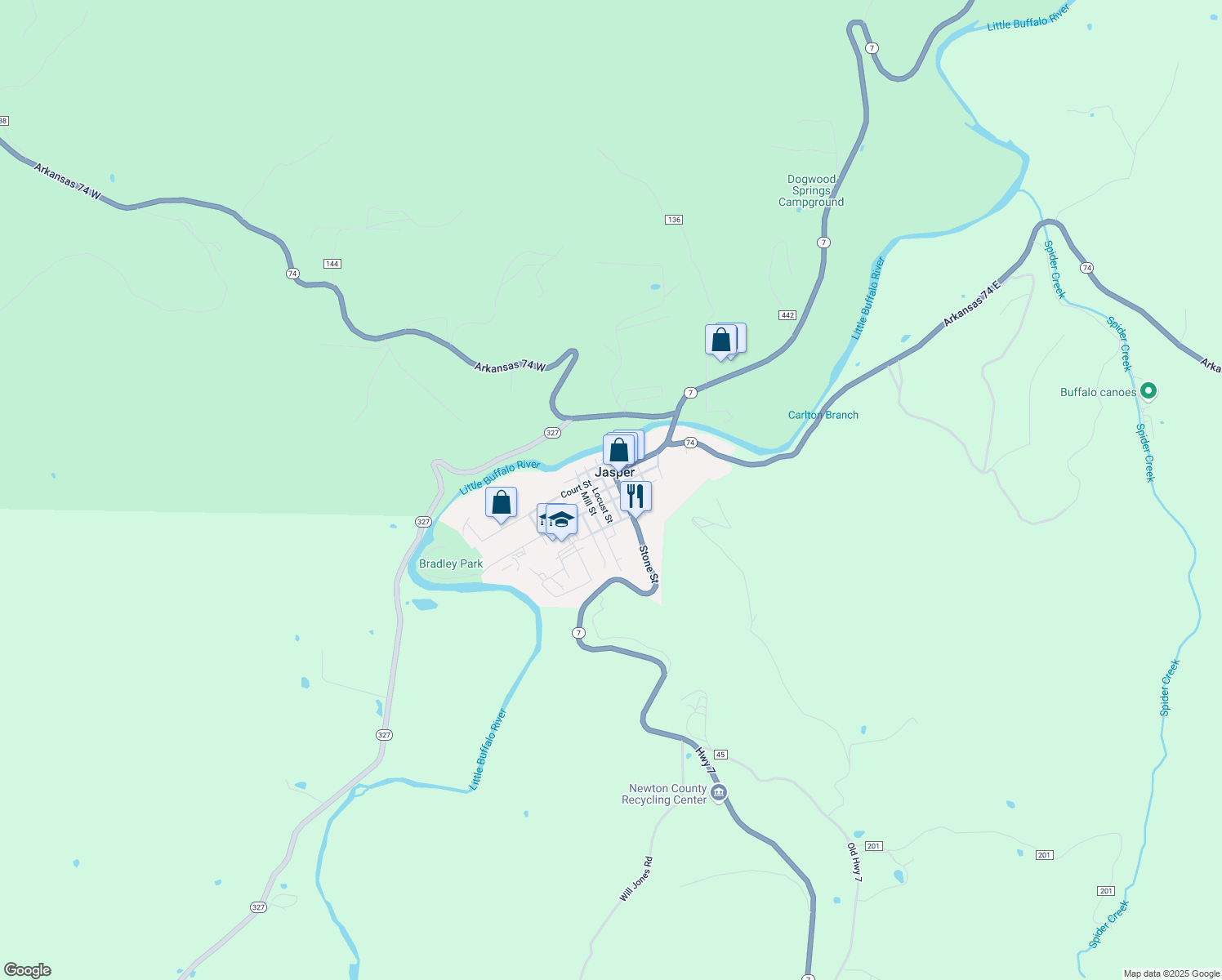 map of restaurants, bars, coffee shops, grocery stores, and more near 107 Church Street in Jasper