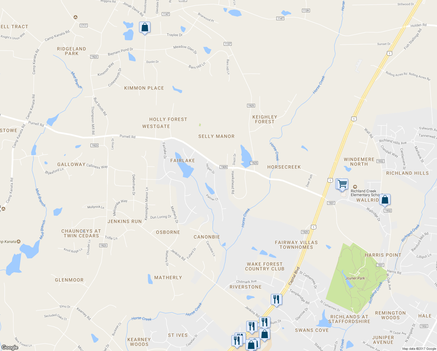 map of restaurants, bars, coffee shops, grocery stores, and more near 8038 Hogan Drive in Wake Forest