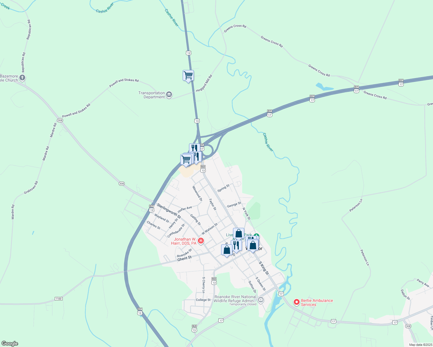 map of restaurants, bars, coffee shops, grocery stores, and more near 1102 Broad Street in Windsor