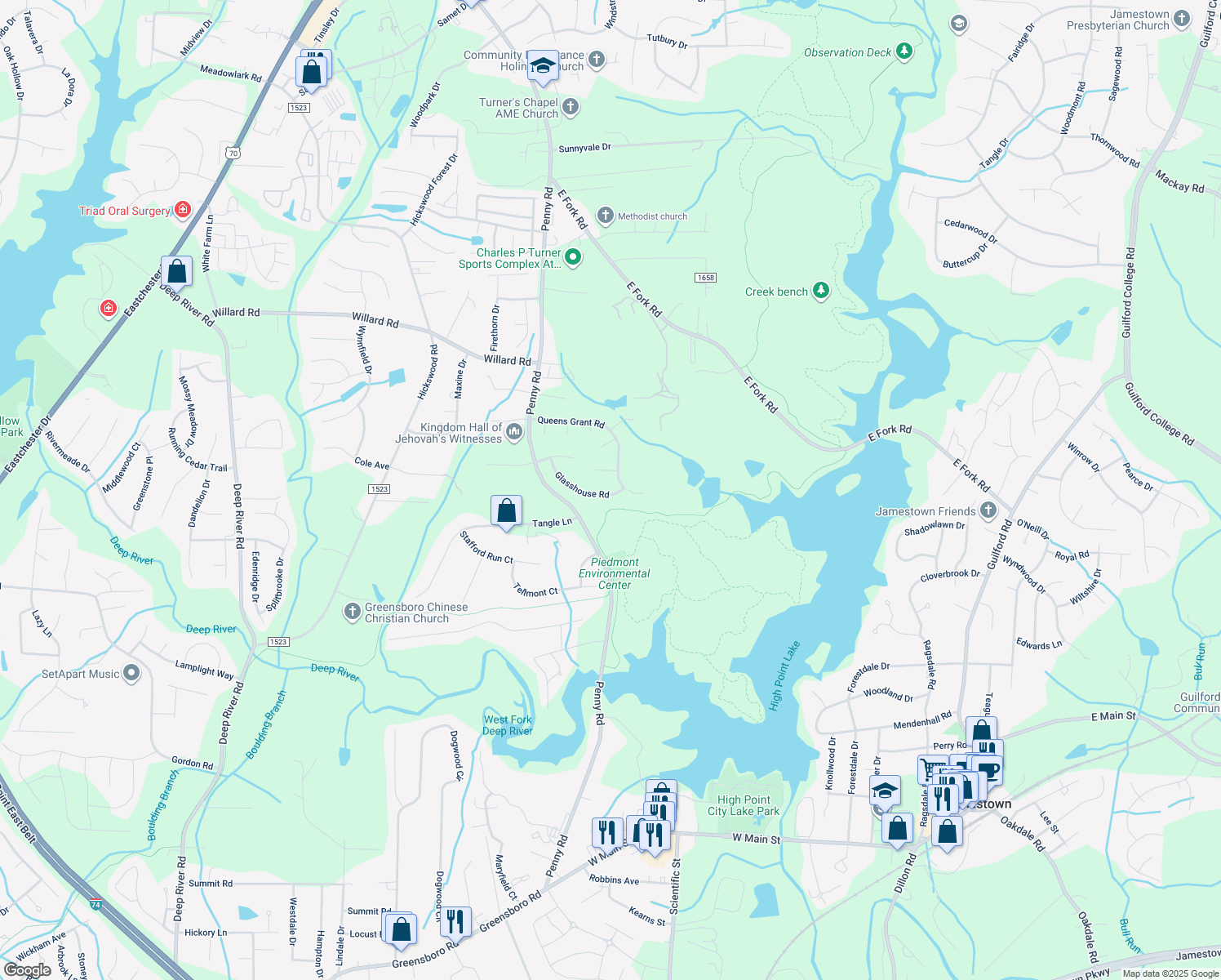 map of restaurants, bars, coffee shops, grocery stores, and more near 2604 Glasshouse Road in Jamestown