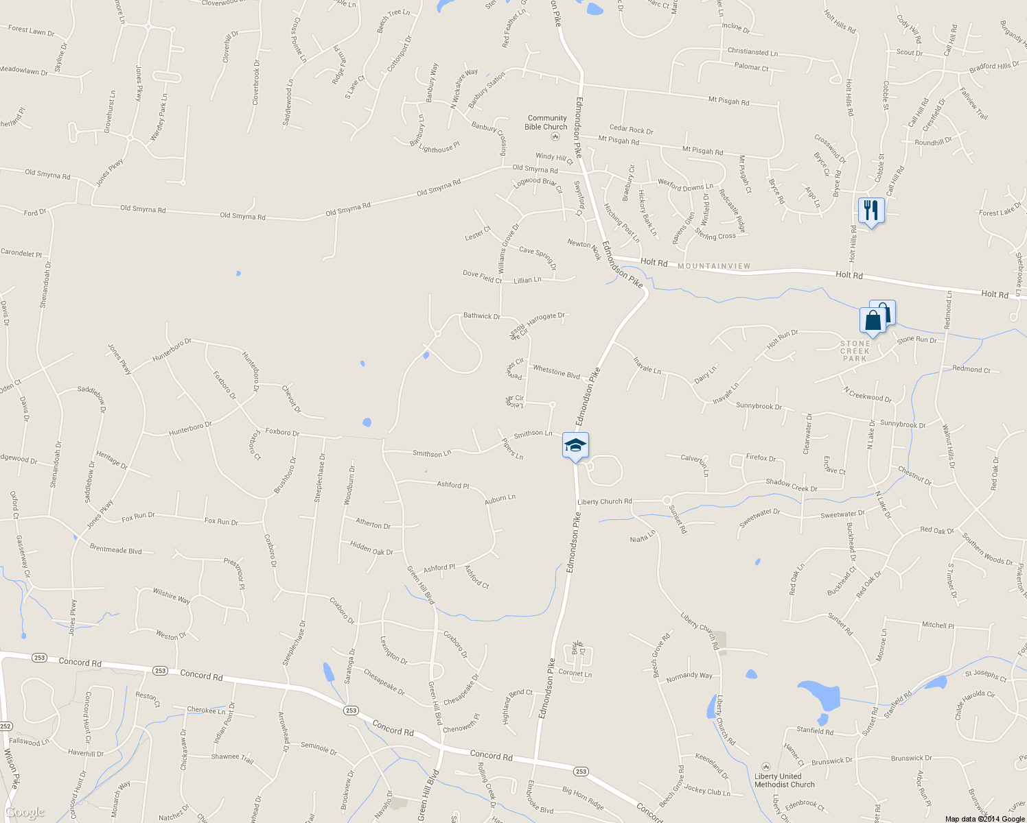 map of restaurants, bars, coffee shops, grocery stores, and more near 716 Leicester Circle in Brentwood