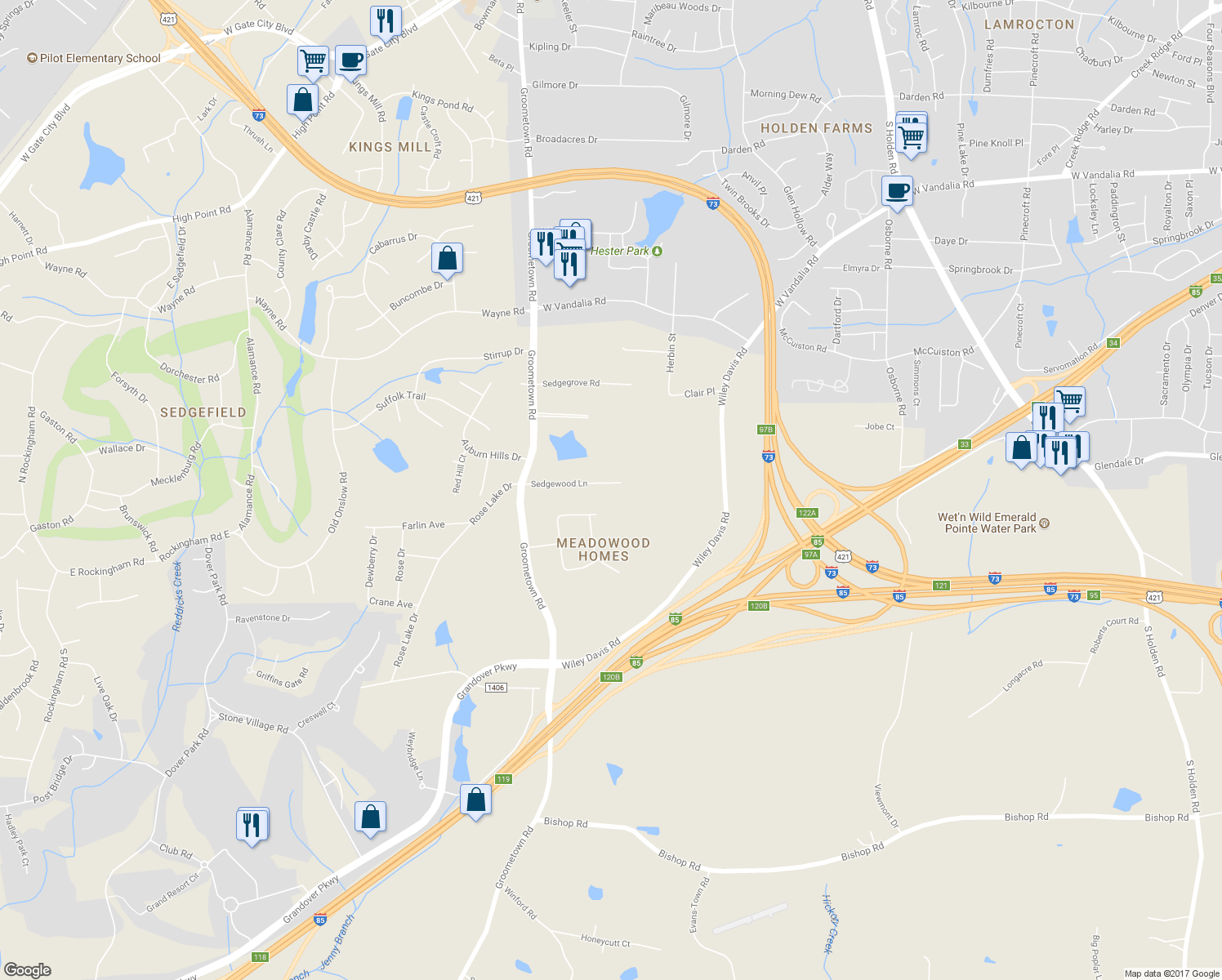 map of restaurants, bars, coffee shops, grocery stores, and more near 4007 Sedgewood Lane in Greensboro