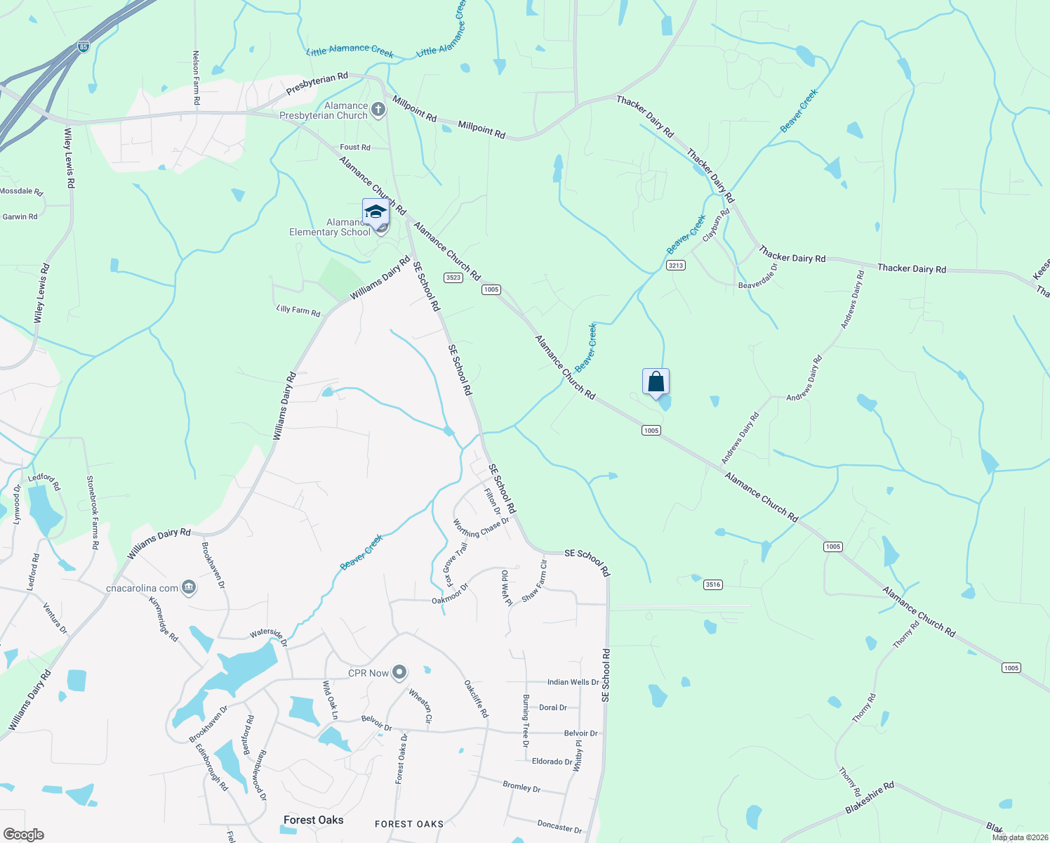 map of restaurants, bars, coffee shops, grocery stores, and more near 3663 Southeast School Road in Greensboro