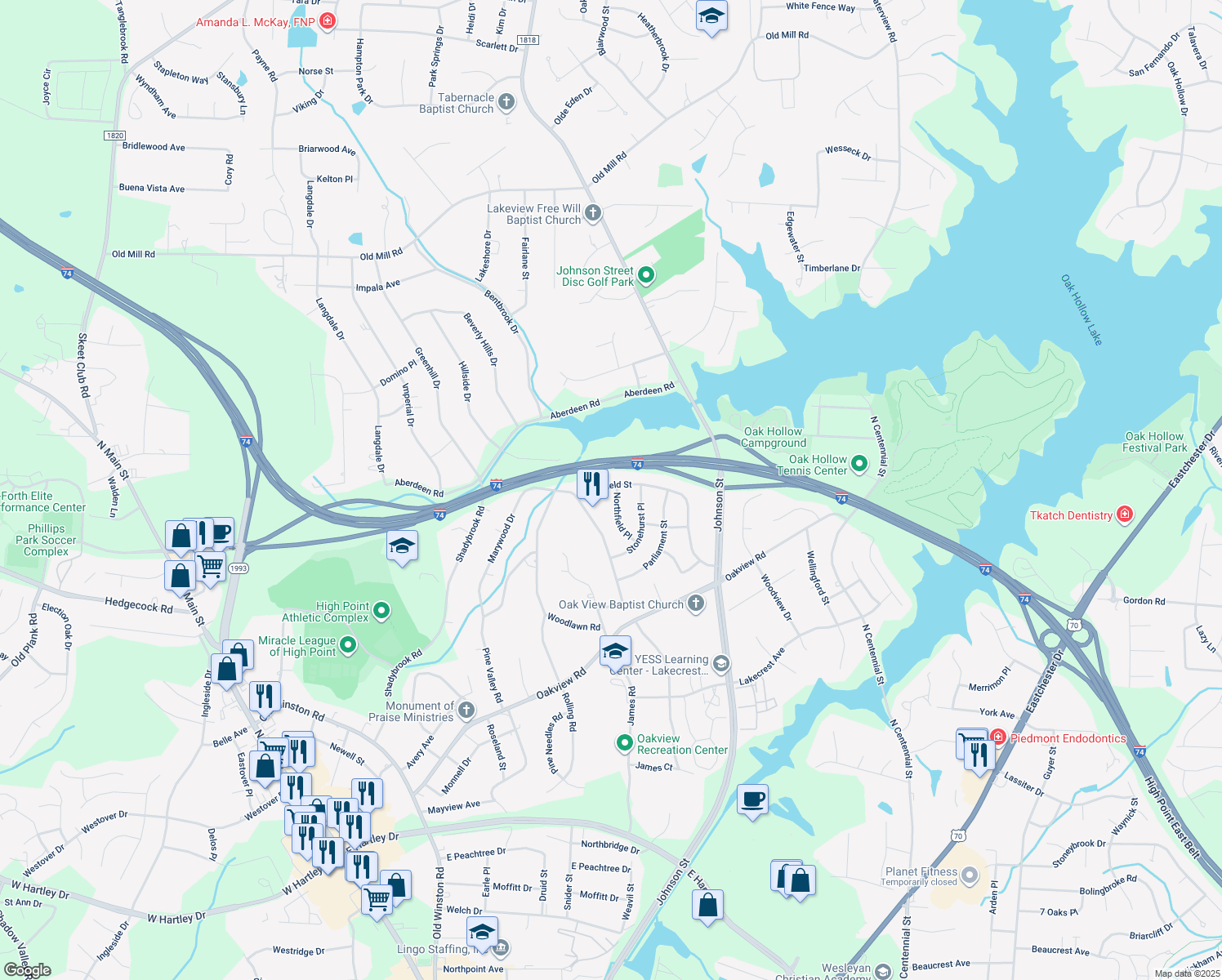 map of restaurants, bars, coffee shops, grocery stores, and more near 3803 Westfield Street in High Point