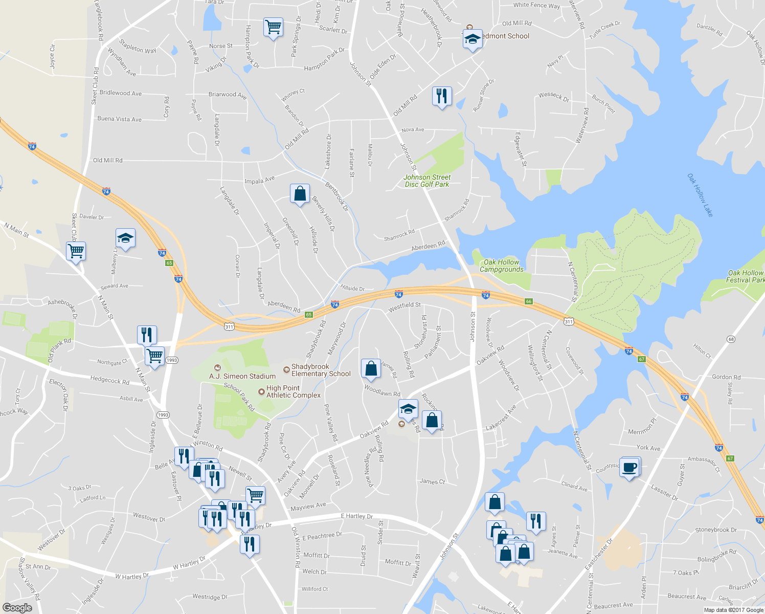 map of restaurants, bars, coffee shops, grocery stores, and more near 3707 Rolling Road in High Point