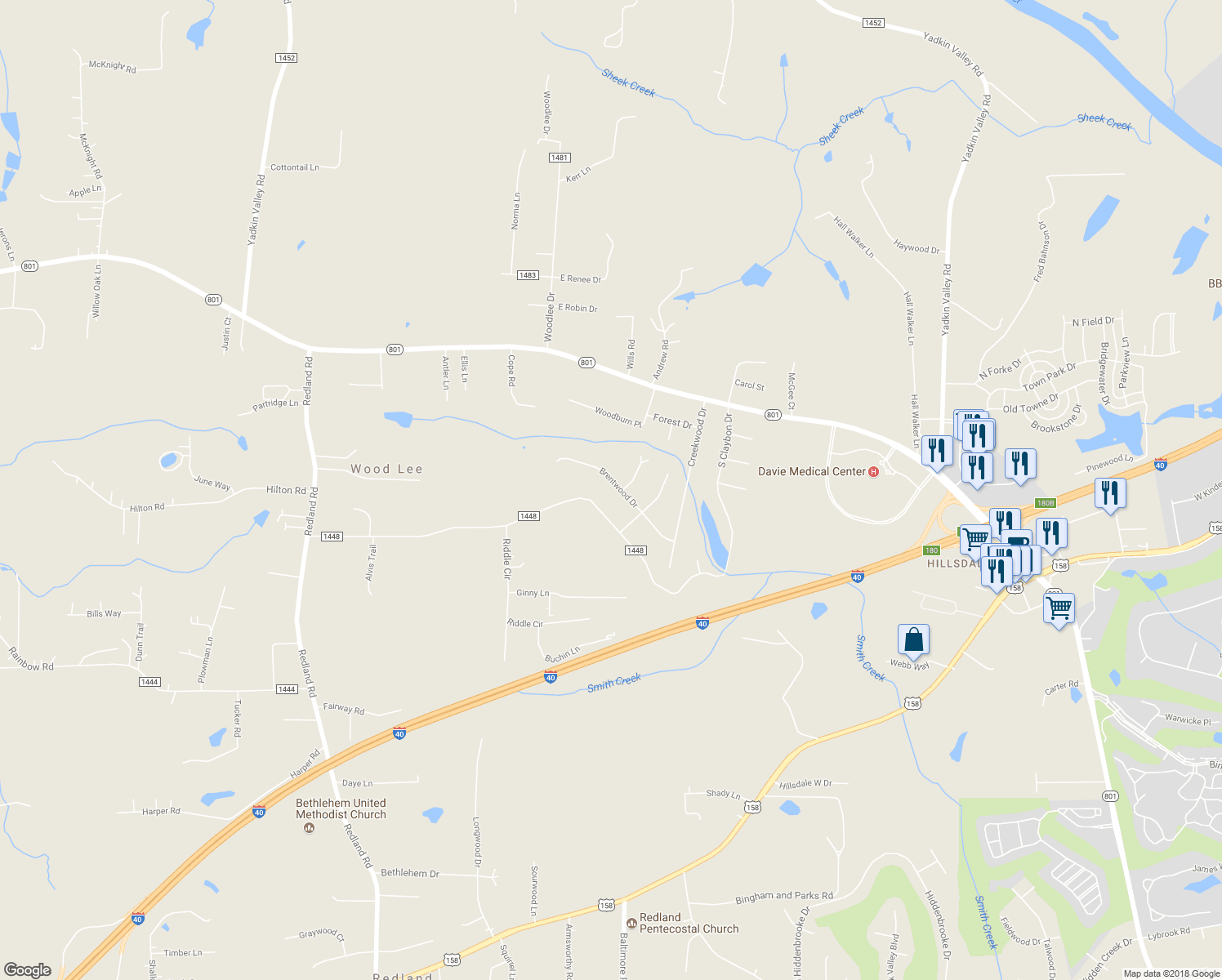 map of restaurants, bars, coffee shops, grocery stores, and more near 199 Brentwood Drive in Advance