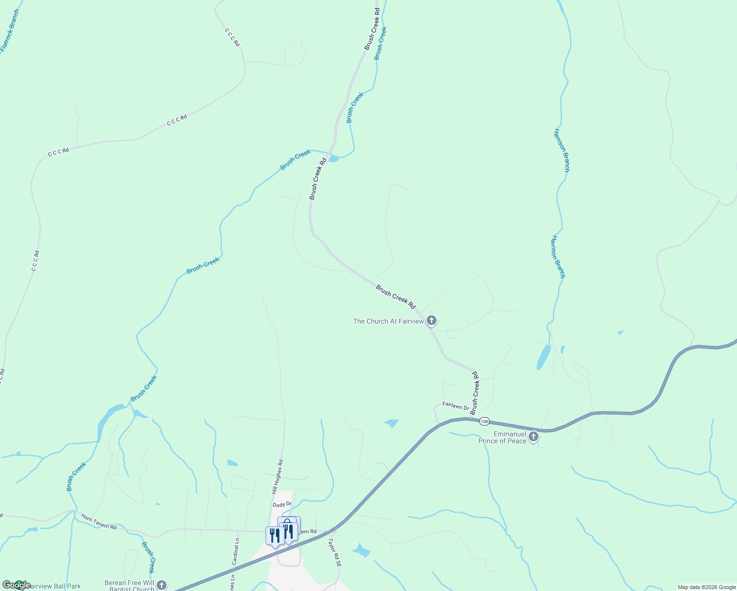 map of restaurants, bars, coffee shops, grocery stores, and more near 7185 Brush Creek Road in Fairview