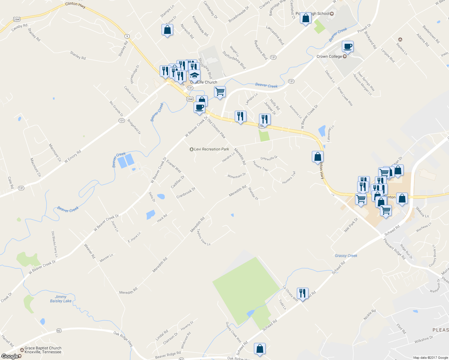 map of restaurants, bars, coffee shops, grocery stores, and more near 3730 Wittenham Drive in Knoxville