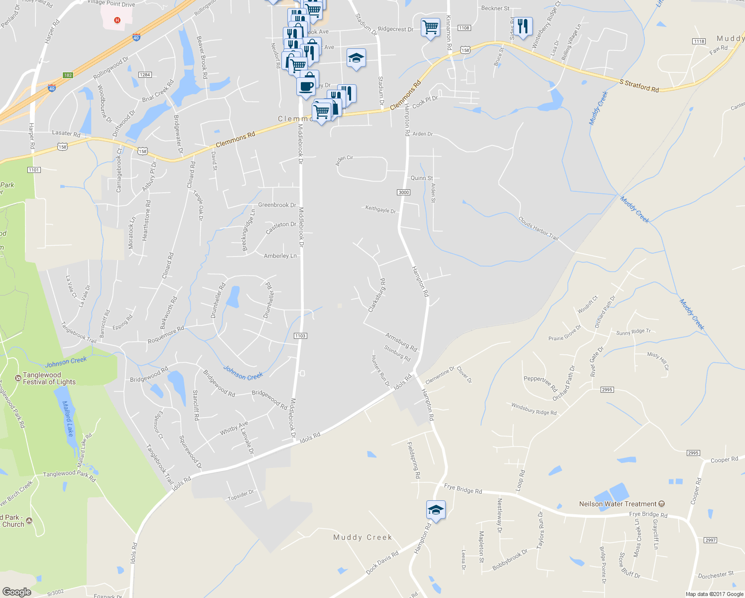 map of restaurants, bars, coffee shops, grocery stores, and more near 4420 Clarksburg Road in Clemmons
