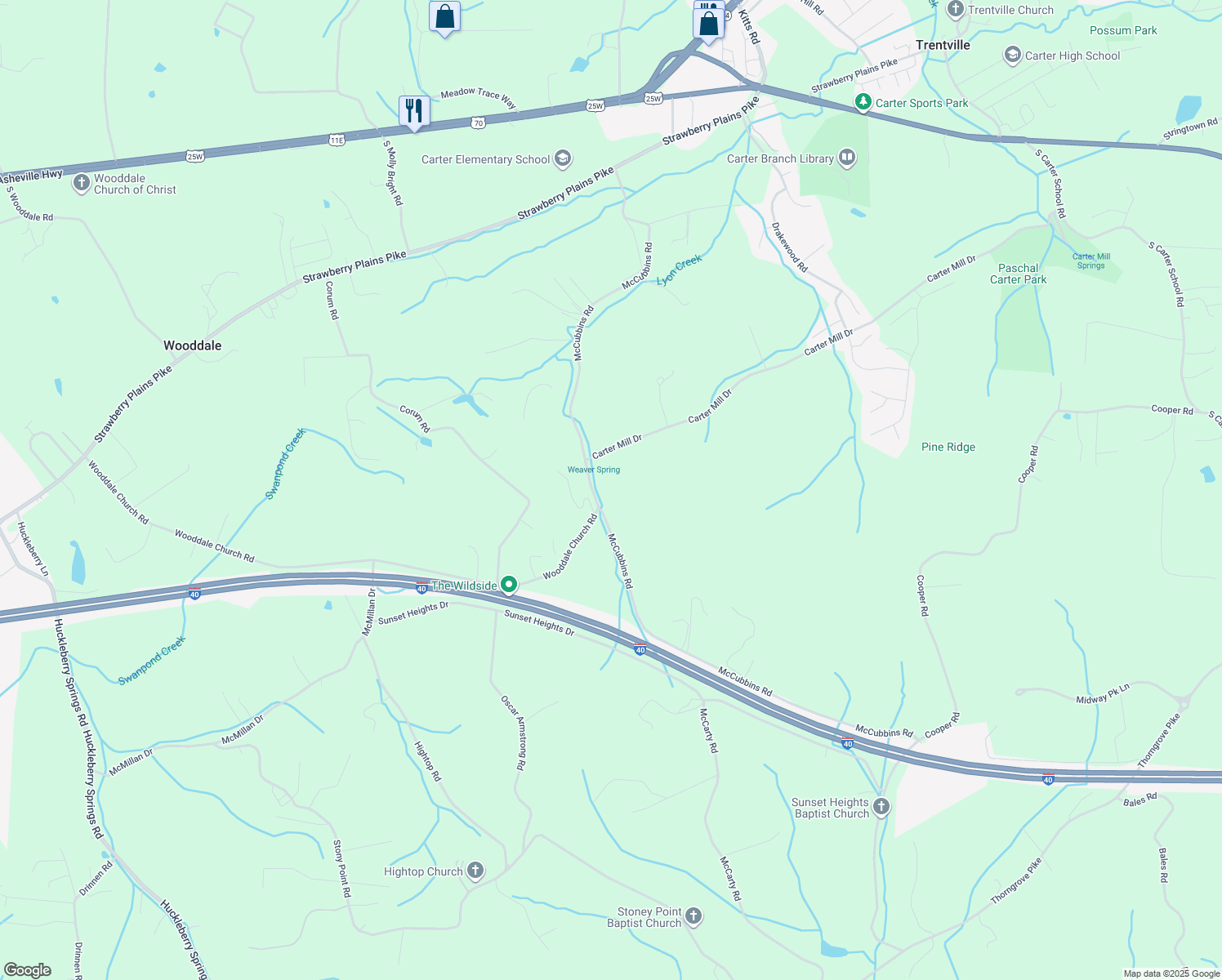 map of restaurants, bars, coffee shops, grocery stores, and more near 832 McCubbins Rd in Strawberry Plains