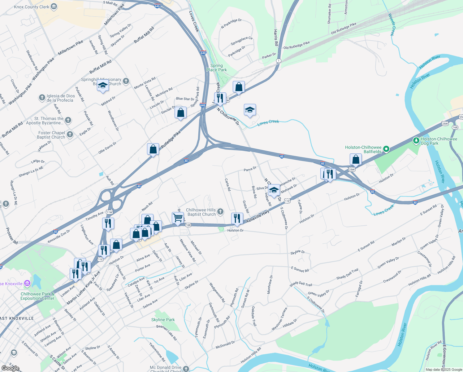 map of restaurants, bars, coffee shops, grocery stores, and more near 300 Carta Road in Knoxville