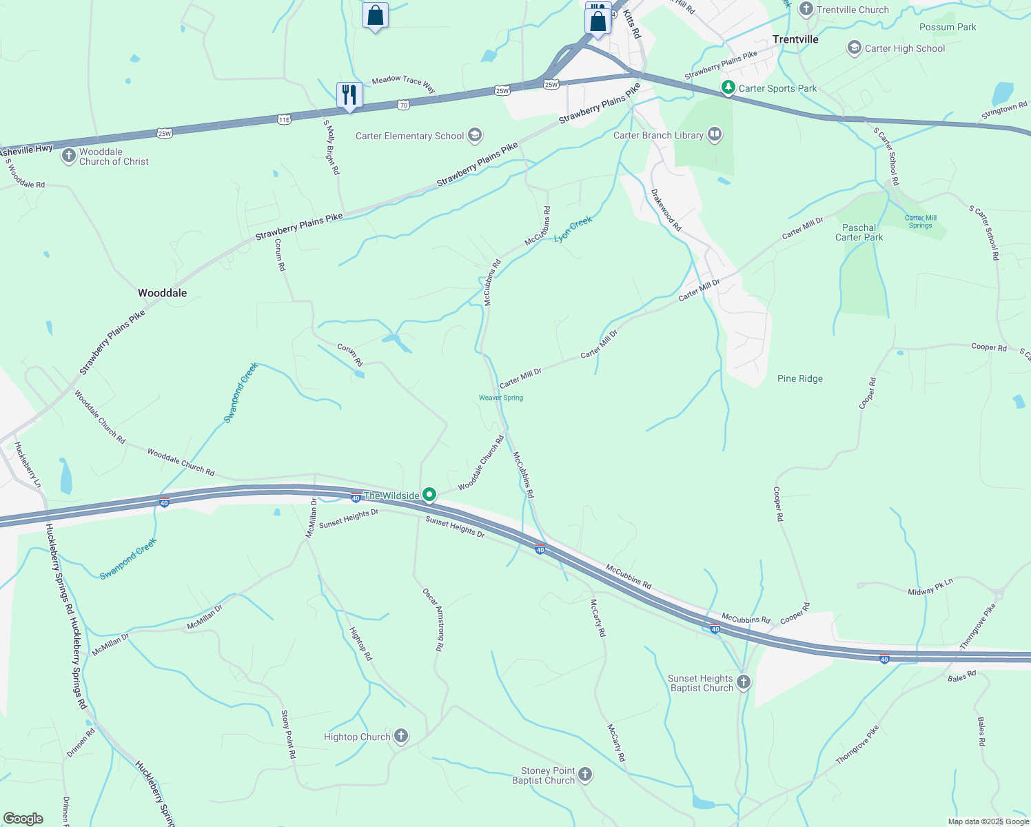map of restaurants, bars, coffee shops, grocery stores, and more near 832 McCubbins Road in Strawberry Plains