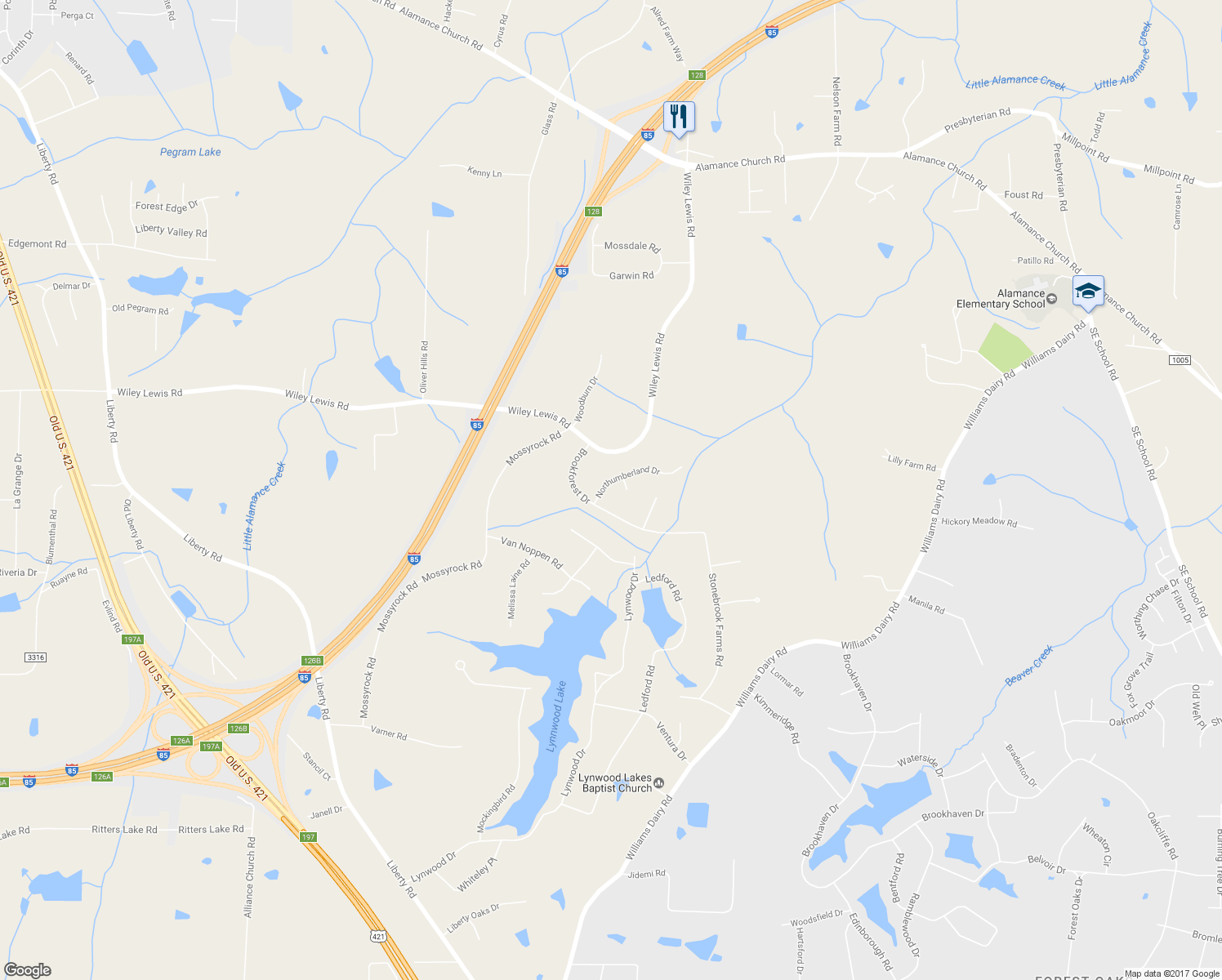 map of restaurants, bars, coffee shops, grocery stores, and more near 3803 Northumberland Drive in Greensboro