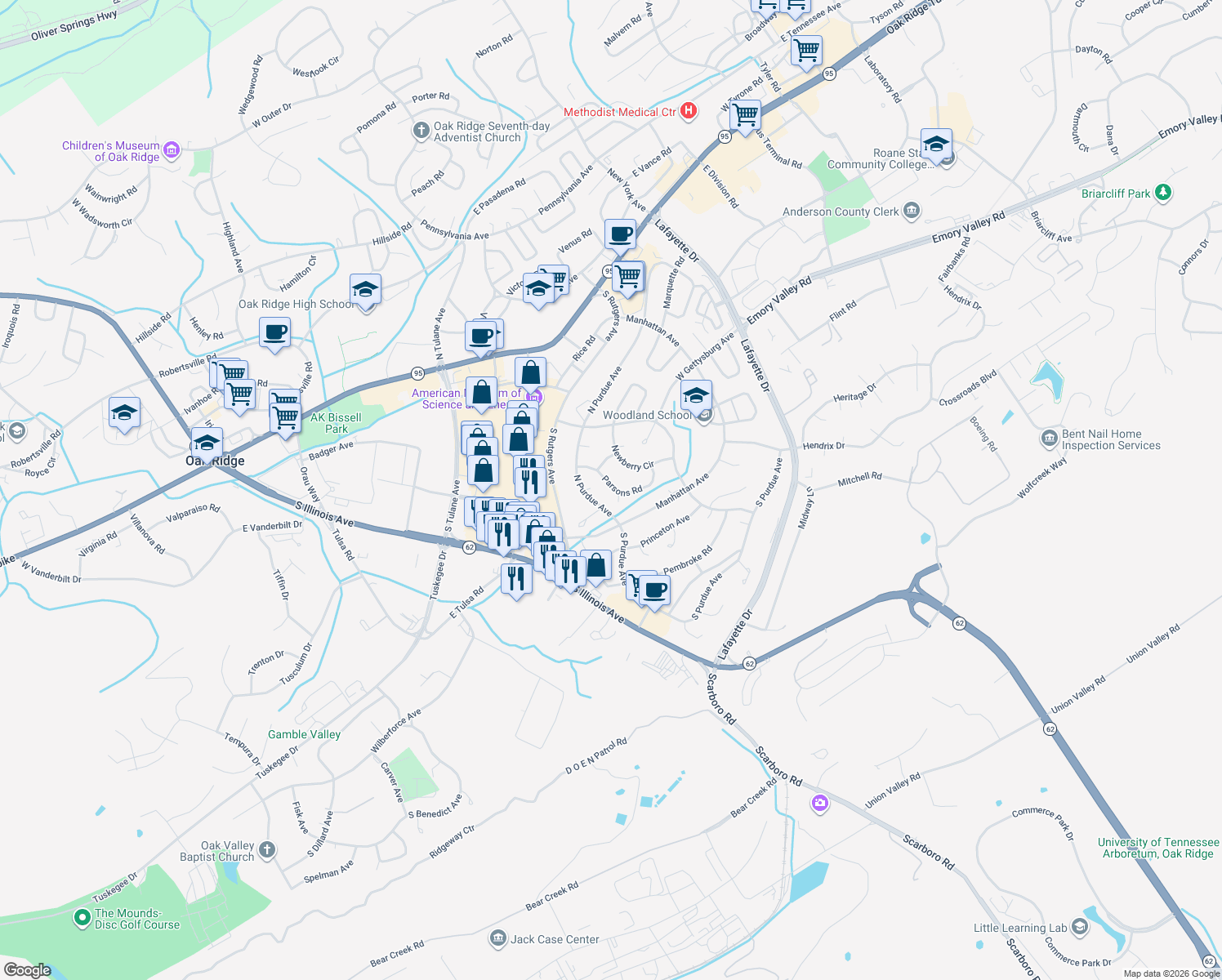 map of restaurants, bars, coffee shops, grocery stores, and more near 114 Parsons Road in Oak Ridge