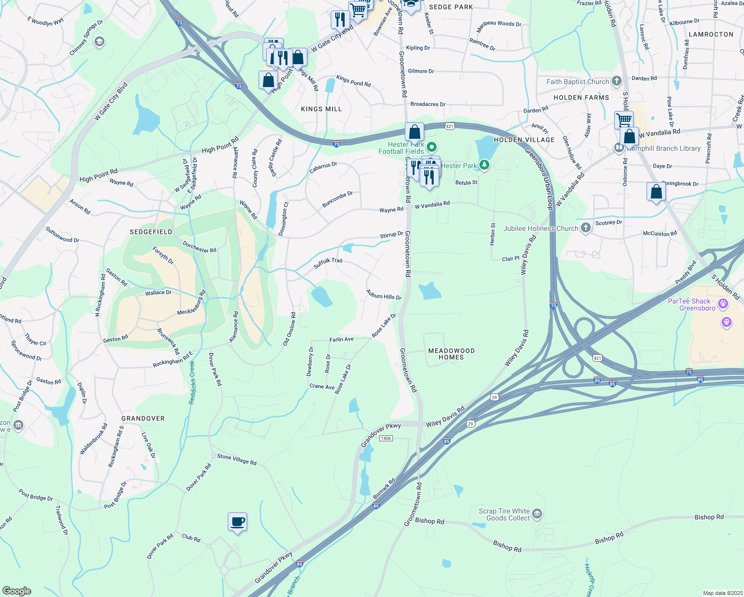 map of restaurants, bars, coffee shops, grocery stores, and more near 4102 Auburn Hills Drive in Greensboro