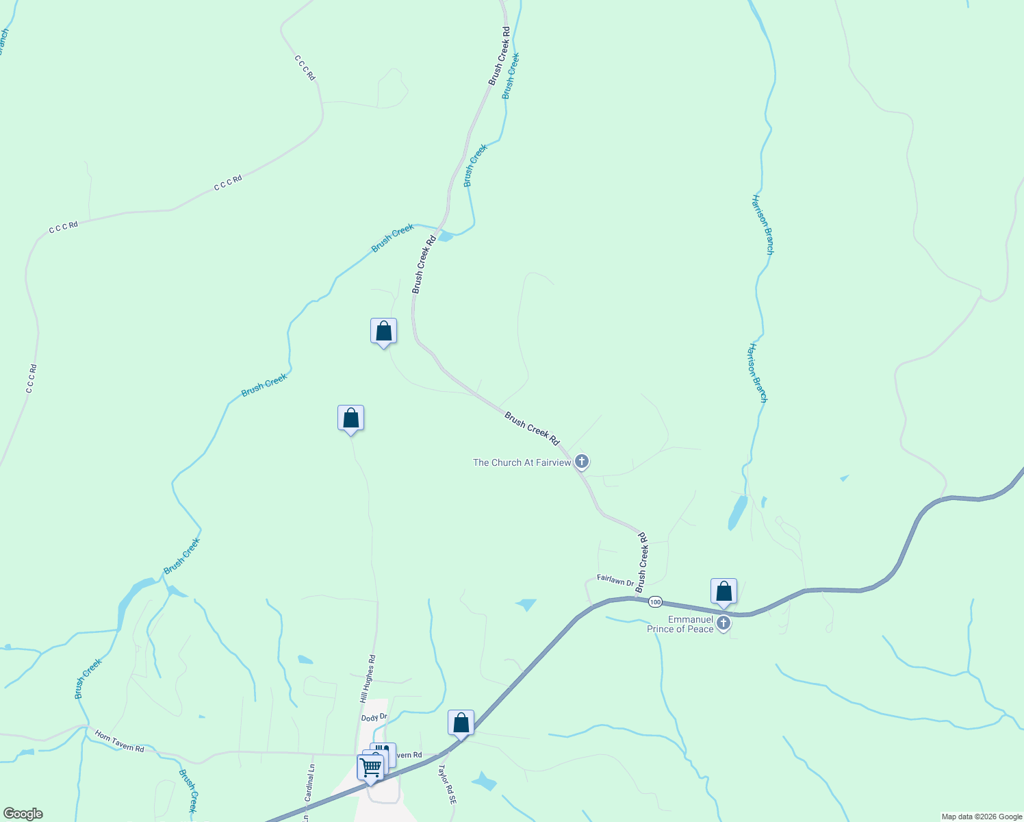 map of restaurants, bars, coffee shops, grocery stores, and more near 7185 Brush Creek Road in Fairview