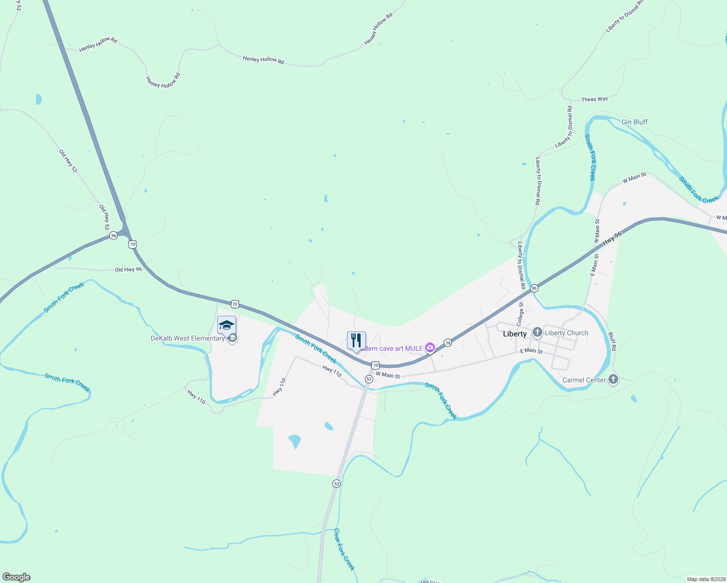 map of restaurants, bars, coffee shops, grocery stores, and more near 483 Tubbs Street in Liberty