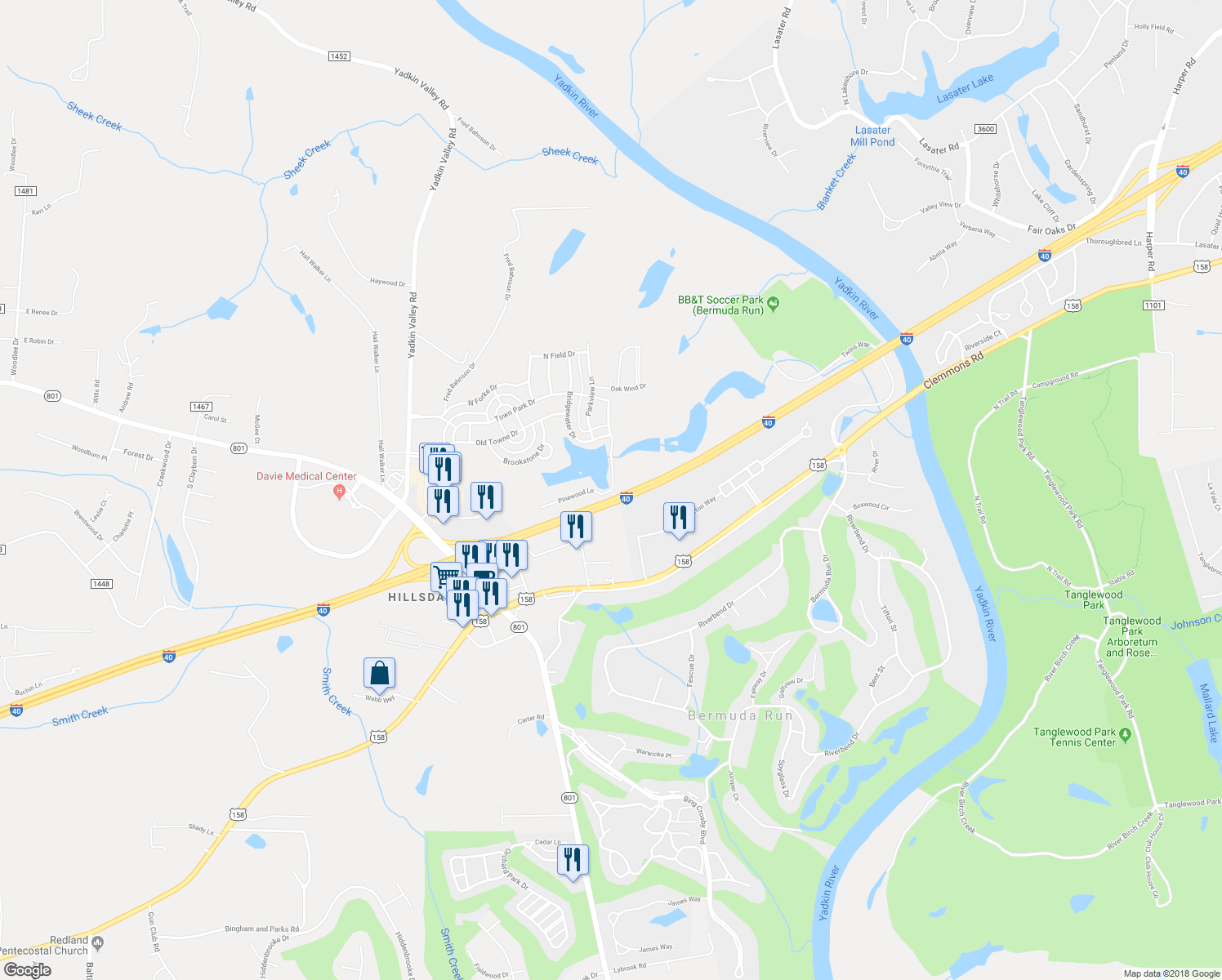 map of restaurants, bars, coffee shops, grocery stores, and more near 119 Lakeside Crossing in Advance
