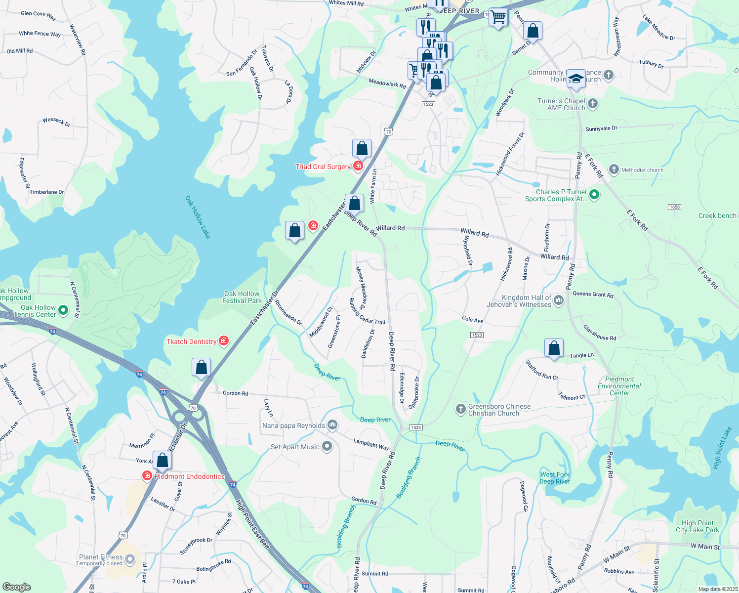 map of restaurants, bars, coffee shops, grocery stores, and more near 2750 Mossy Meadow Drive in High Point