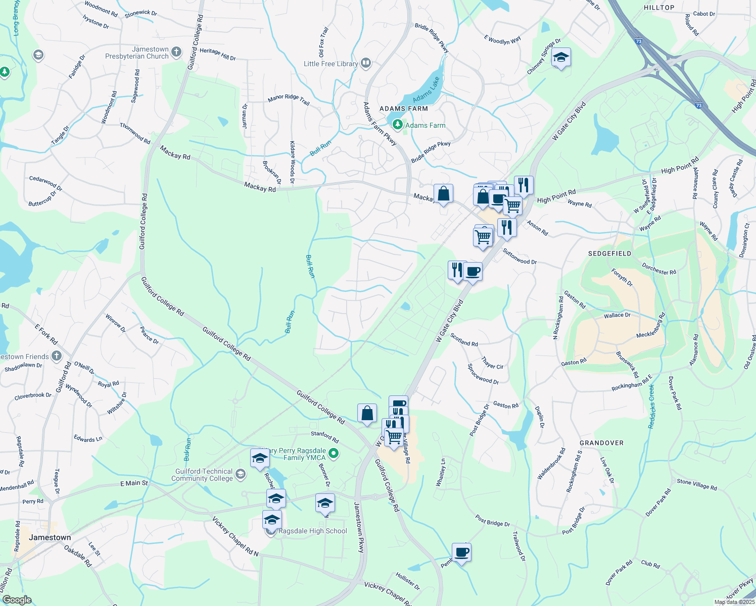 map of restaurants, bars, coffee shops, grocery stores, and more near 5400 Creek Point Court in Greensboro