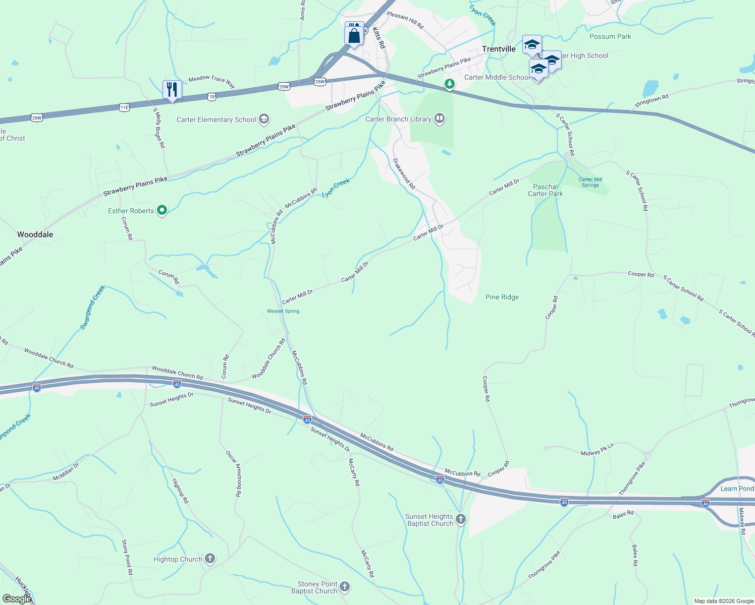 map of restaurants, bars, coffee shops, grocery stores, and more near 8553 Carter Mill Drive in Strawberry Plains