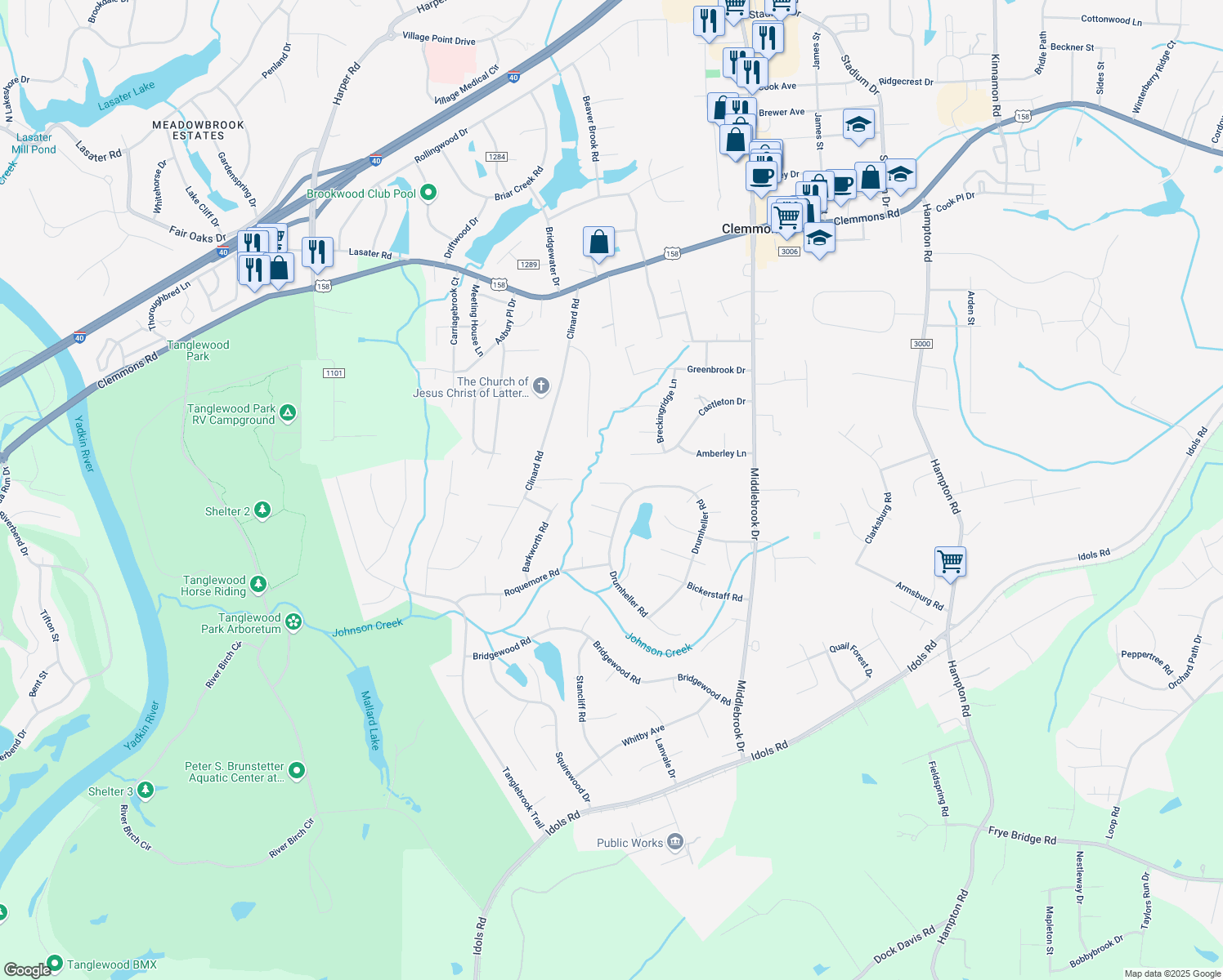 map of restaurants, bars, coffee shops, grocery stores, and more near 108 Briarwood Court in Clemmons