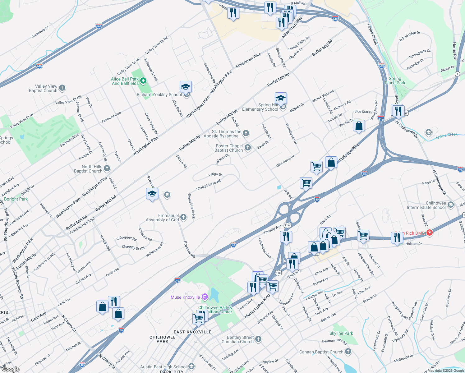 map of restaurants, bars, coffee shops, grocery stores, and more near 4407 Larigo Drive in Knoxville
