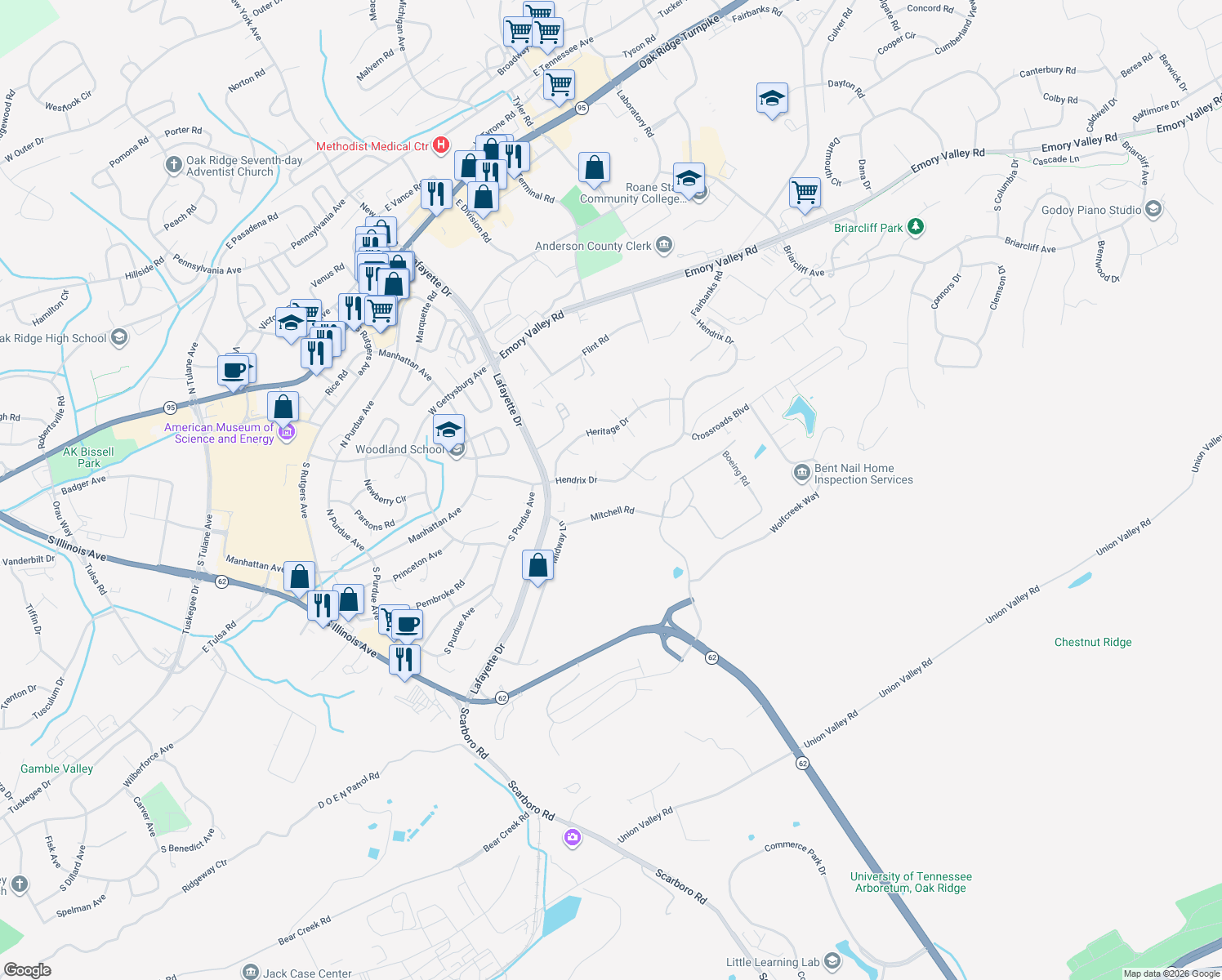 map of restaurants, bars, coffee shops, grocery stores, and more near 112 Hendrix Drive in Oak Ridge