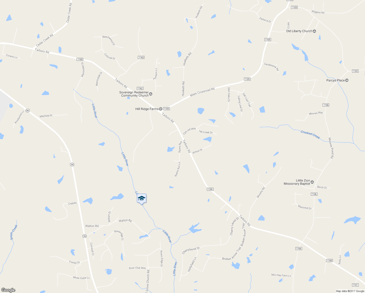 map of restaurants, bars, coffee shops, grocery stores, and more near 105 Ryans Run in Youngsville