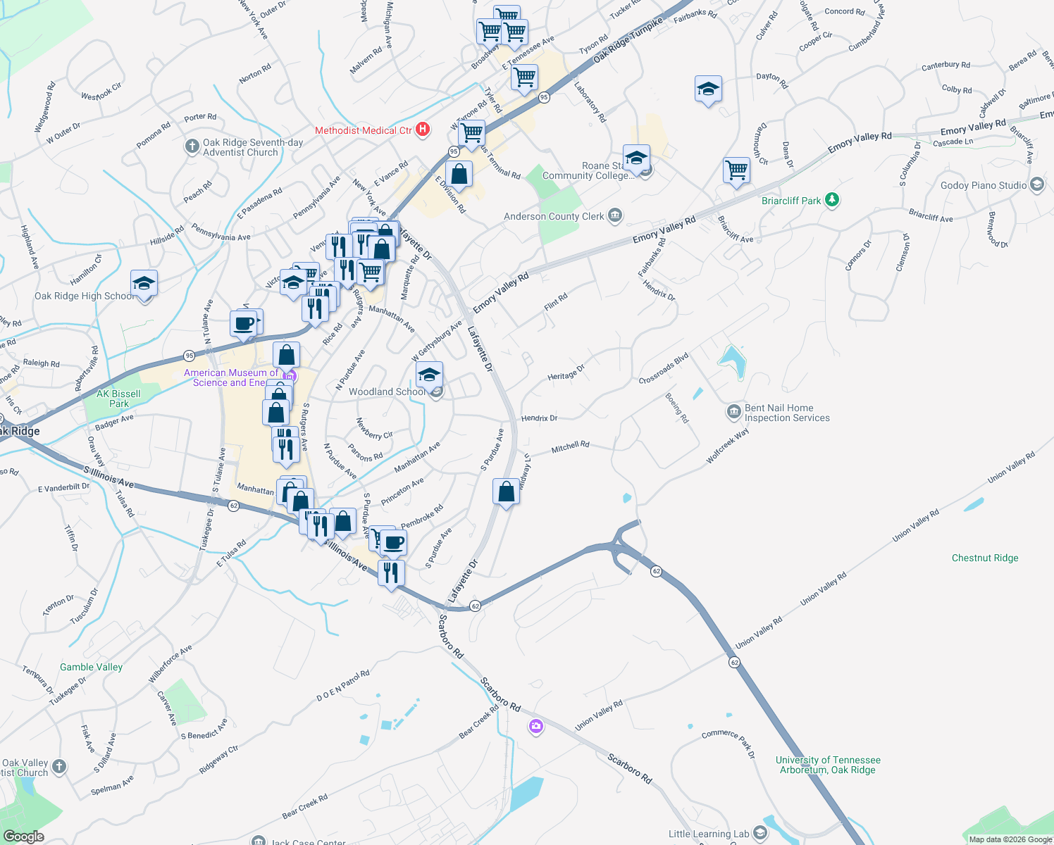 map of restaurants, bars, coffee shops, grocery stores, and more near 100 Hendrix Drive in Oak Ridge