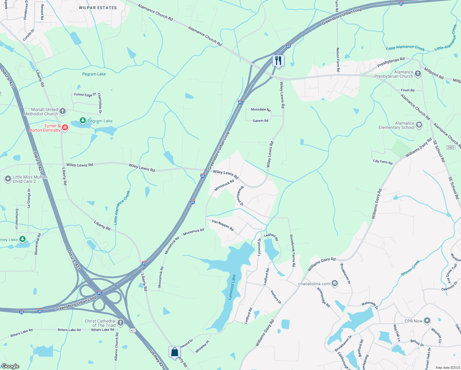 map of restaurants, bars, coffee shops, grocery stores, and more near 3805 Mossyrock Road in Greensboro
