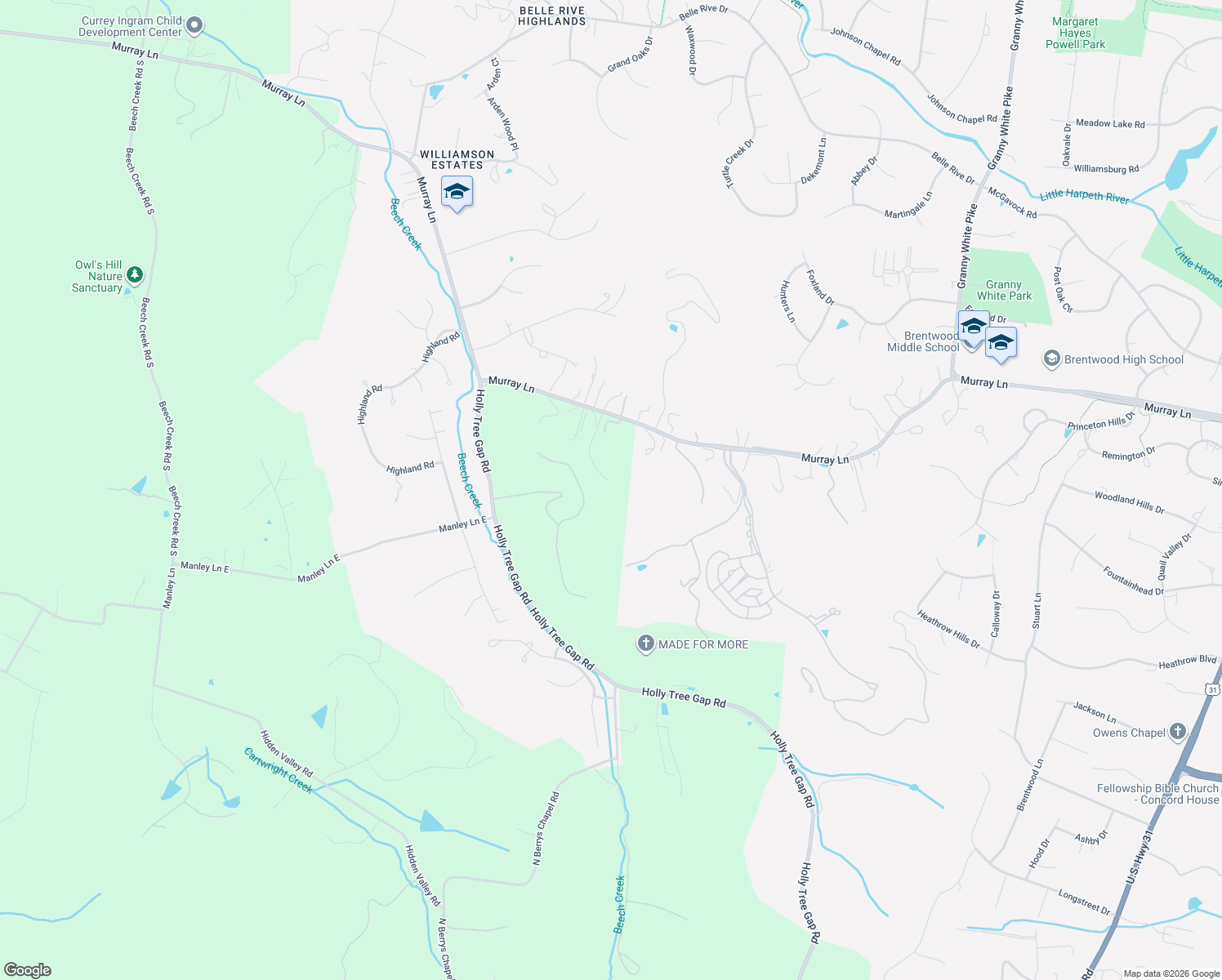 map of restaurants, bars, coffee shops, grocery stores, and more near 6305 Murray Ln in Brentwood