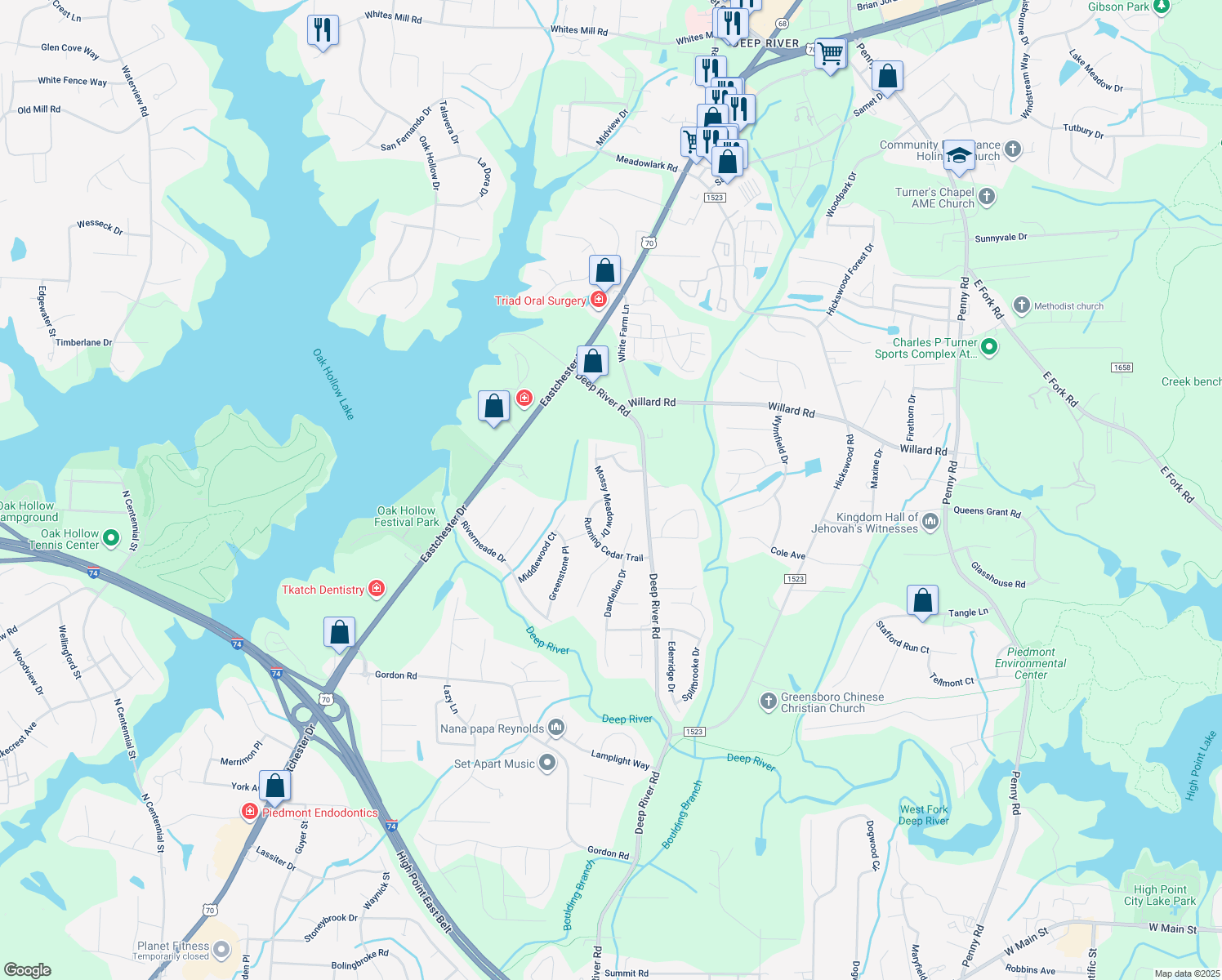 map of restaurants, bars, coffee shops, grocery stores, and more near 2816 Mossy Meadow Drive in High Point