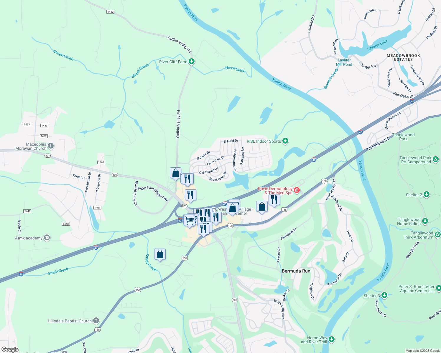 map of restaurants, bars, coffee shops, grocery stores, and more near 163 Brookstone Drive in Advance
