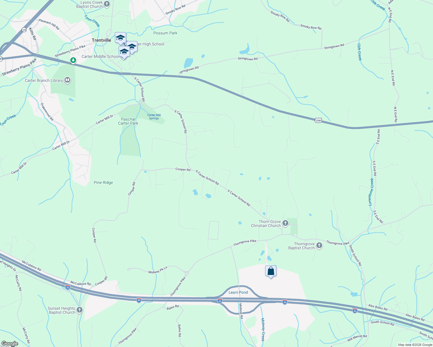 map of restaurants, bars, coffee shops, grocery stores, and more near 526 S Carter School Rd in Strawberry Plains