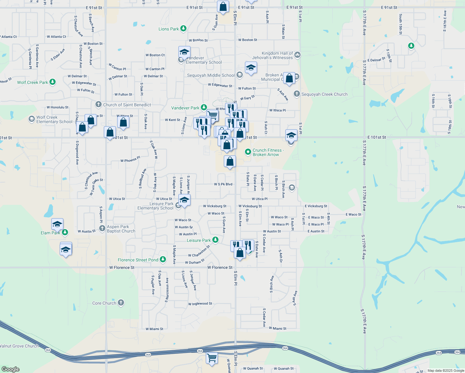 map of restaurants, bars, coffee shops, grocery stores, and more near 701 West South Park Boulevard in Broken Arrow