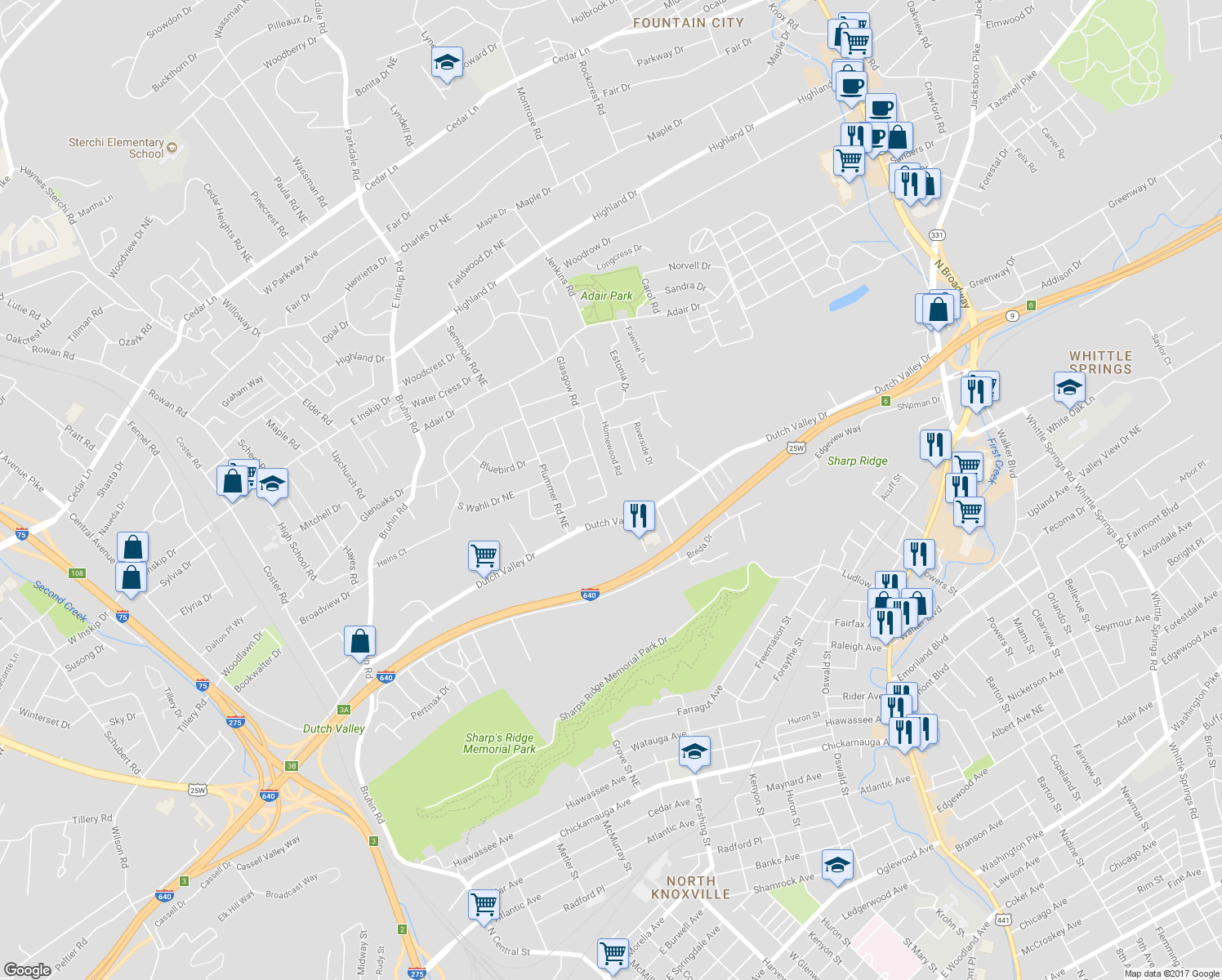 map of restaurants, bars, coffee shops, grocery stores, and more near 4200 Glasgow Road in Knoxville