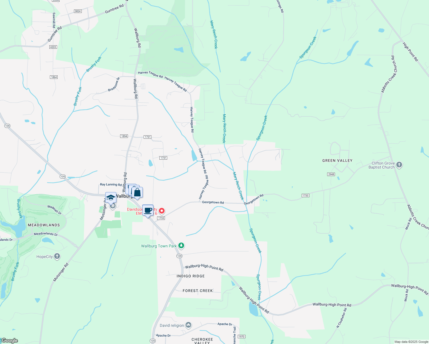 map of restaurants, bars, coffee shops, grocery stores, and more near 242 Overbrook Drive in Winston-Salem