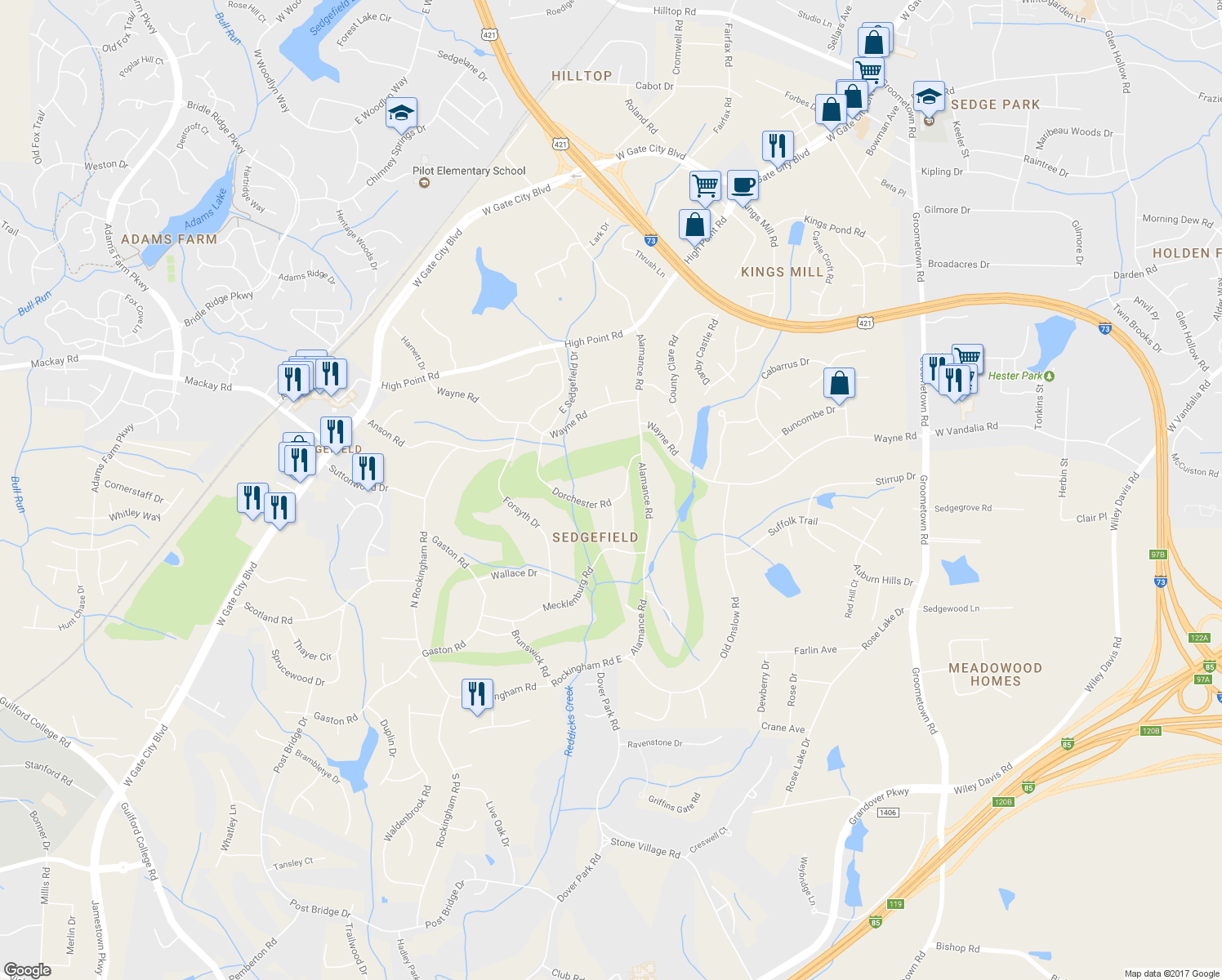 map of restaurants, bars, coffee shops, grocery stores, and more near 5308 Dorchester Road in Greensboro