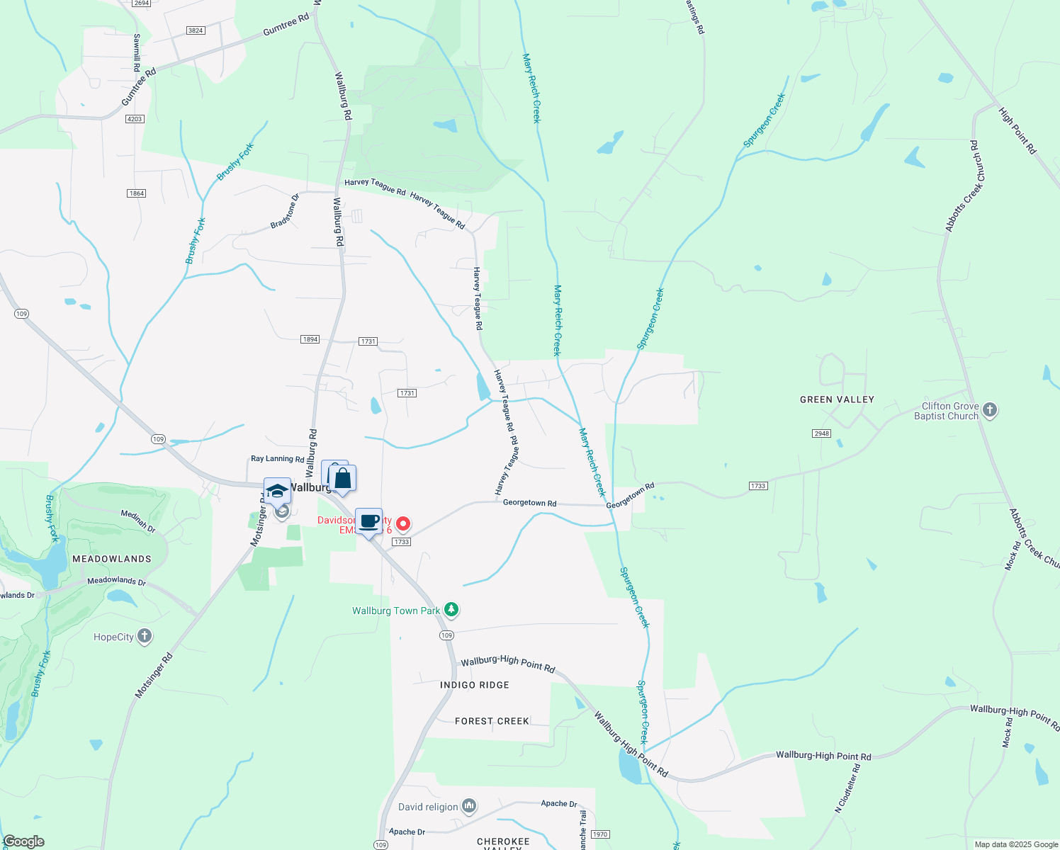 map of restaurants, bars, coffee shops, grocery stores, and more near 242 Overbrook Drive in Winston-Salem