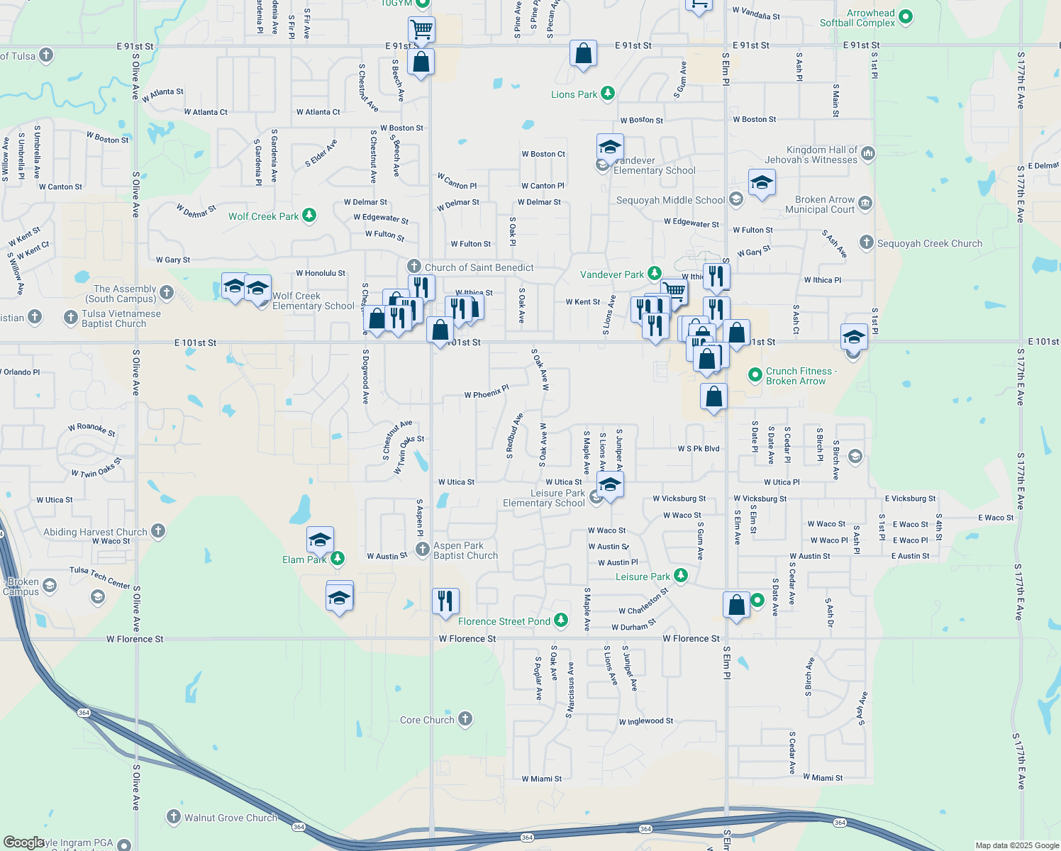 map of restaurants, bars, coffee shops, grocery stores, and more near 4009 S Poplar Ave in Broken Arrow