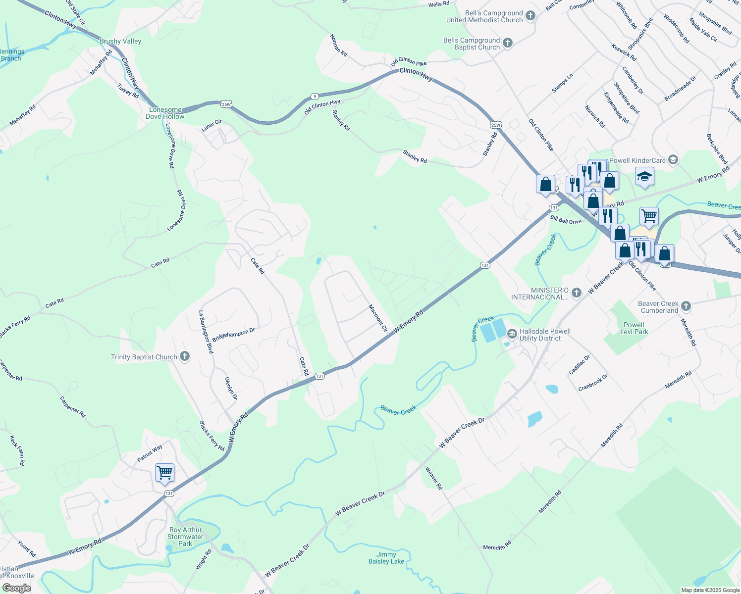 map of restaurants, bars, coffee shops, grocery stores, and more near 4805 Macmont Circle in Powell