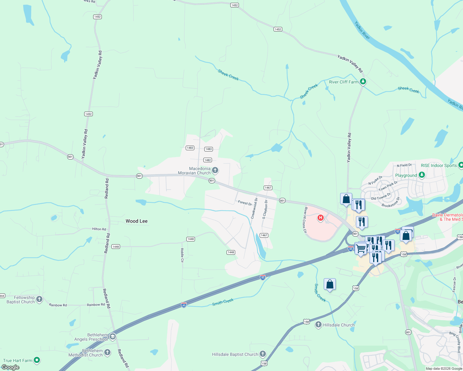map of restaurants, bars, coffee shops, grocery stores, and more near 108 Wills Road in Advance