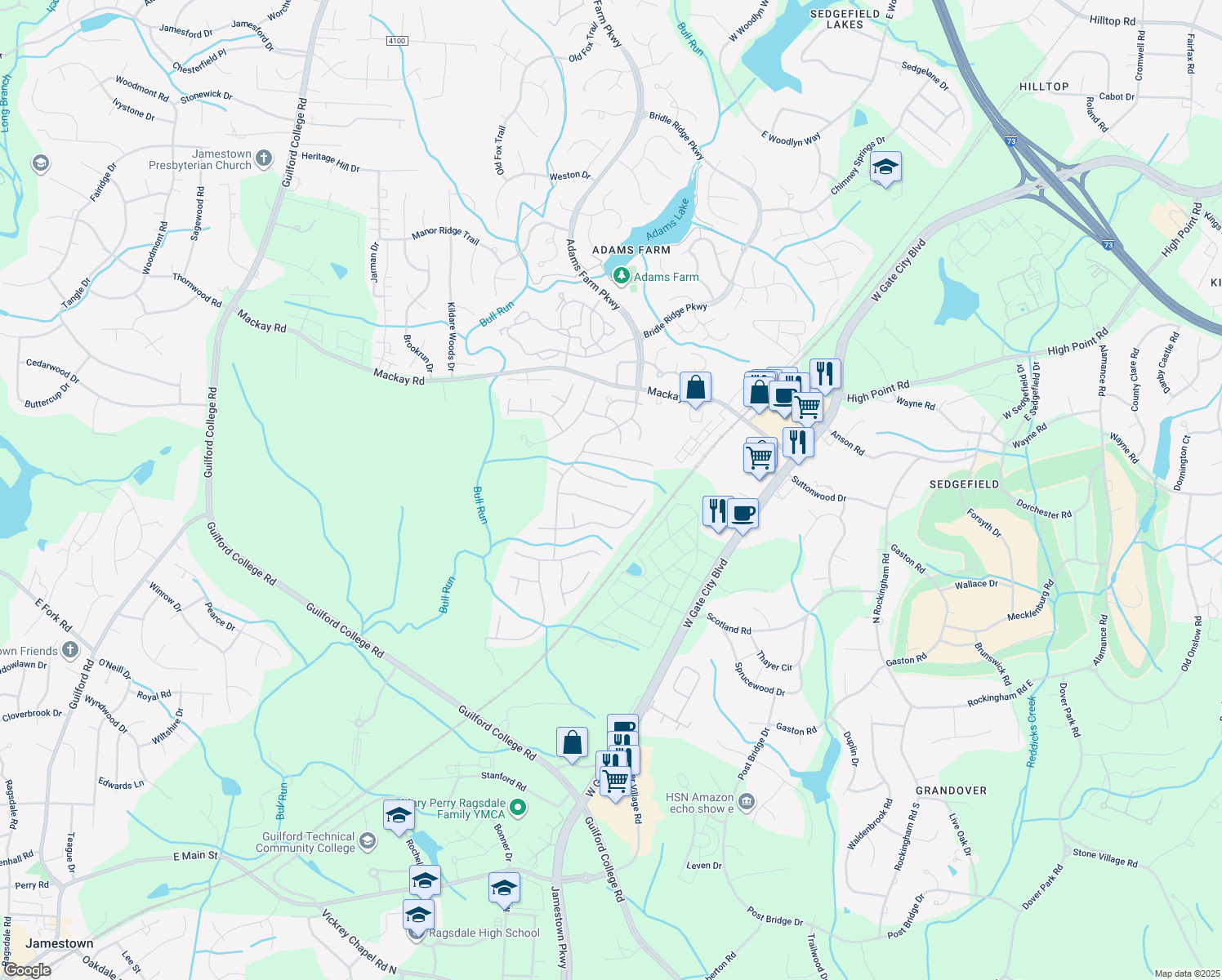 map of restaurants, bars, coffee shops, grocery stores, and more near 5511 Westerborne Drive in Greensboro