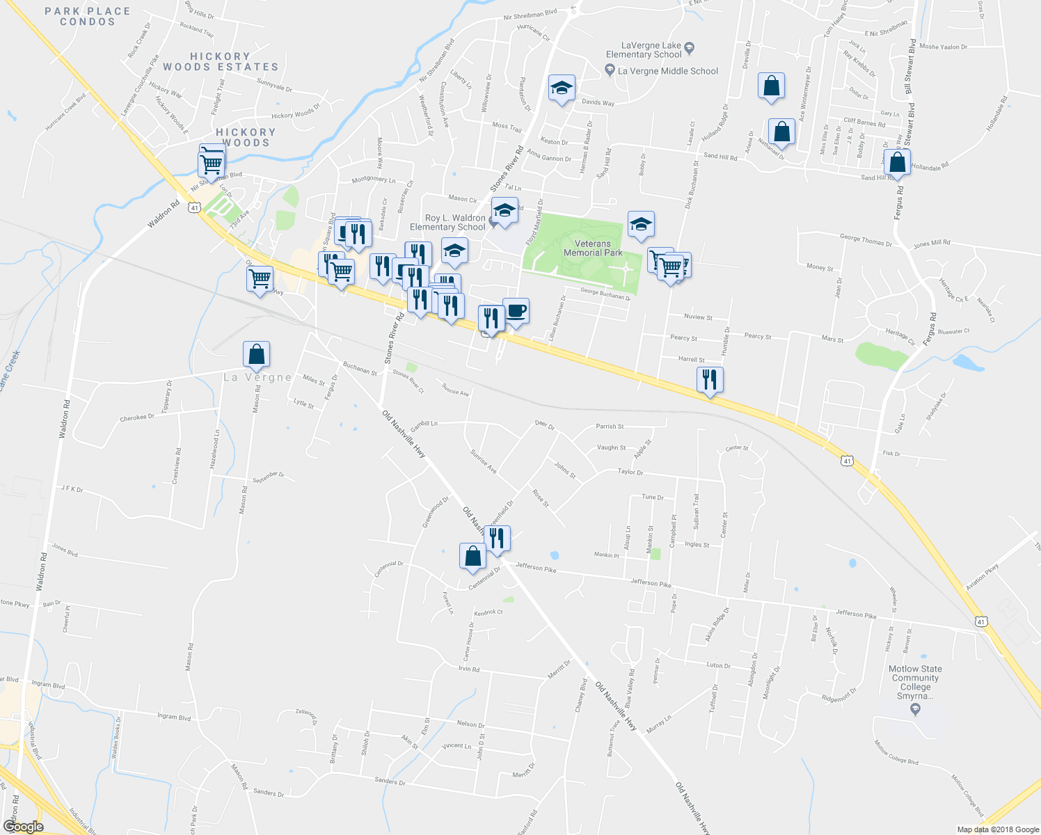map of restaurants, bars, coffee shops, grocery stores, and more near 143 Deer Drive in La Vergne
