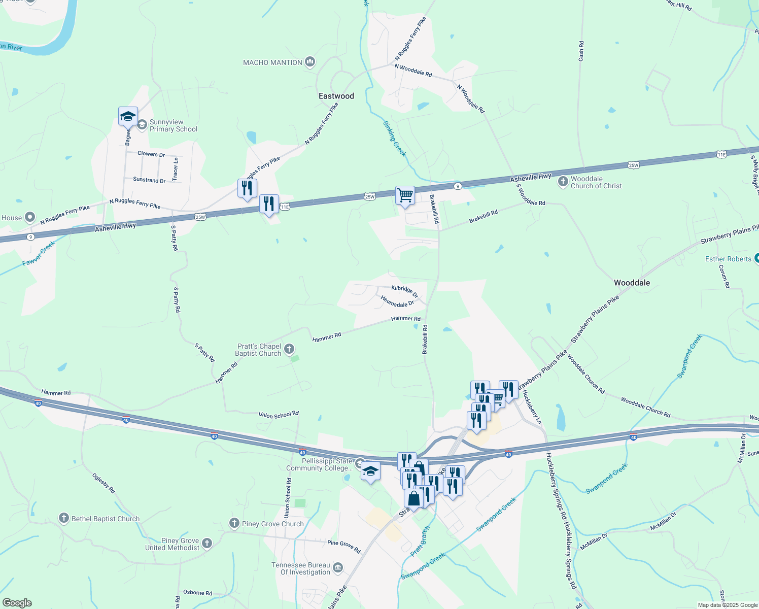 map of restaurants, bars, coffee shops, grocery stores, and more near 525 Parkstone Lane in Knoxville