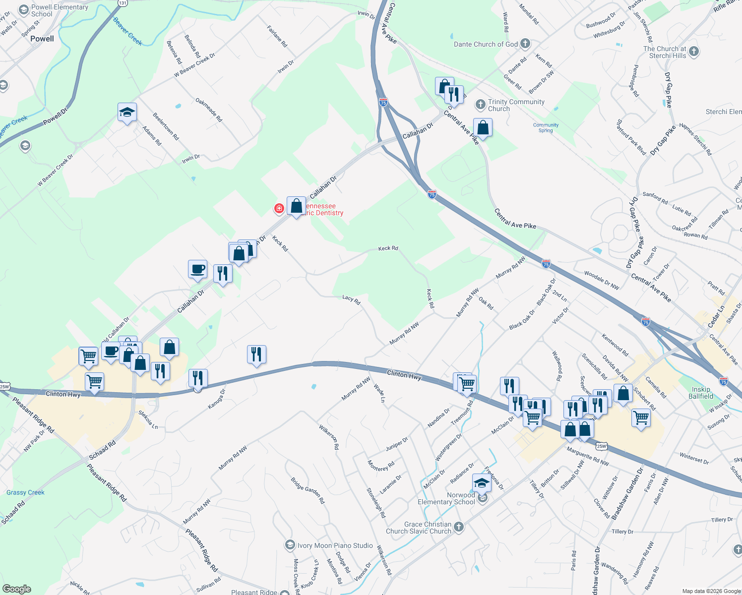 map of restaurants, bars, coffee shops, grocery stores, and more near 6210 Lacy Road in Knoxville